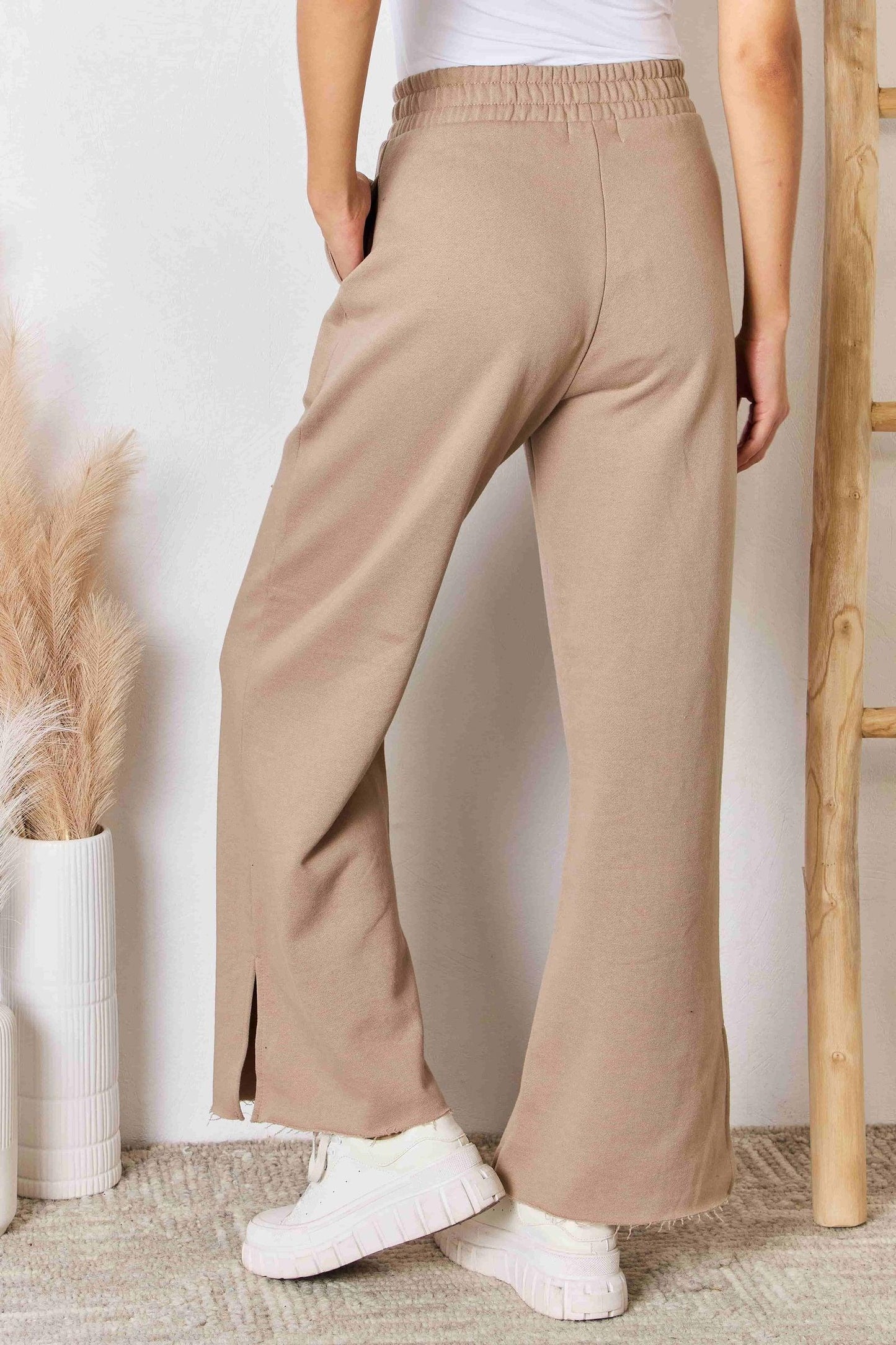 RISEN Wide Waistband Slit Wide Leg Pants - Clothes For Her Online Store