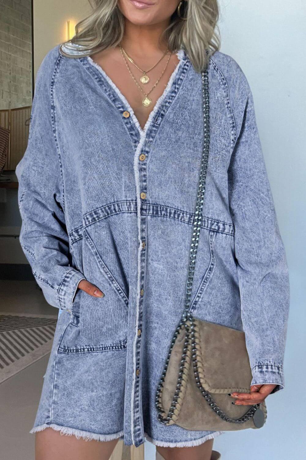 Raw Hem Button Down Long Sleeve Denim Dress - Clothes For Her Online Store