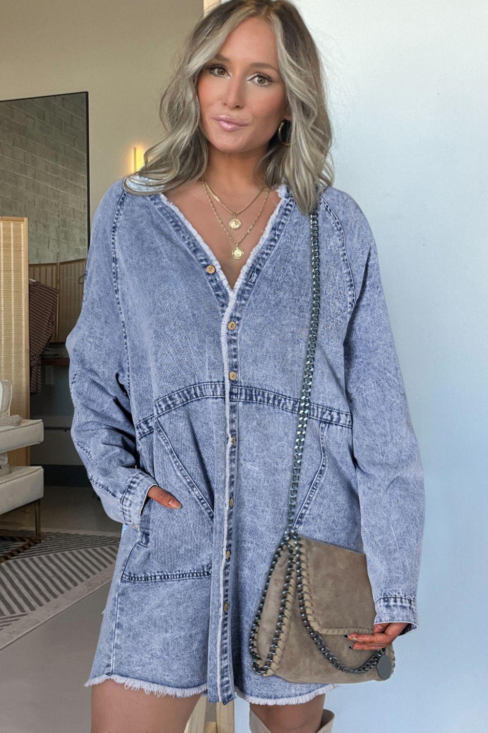 Raw Hem Button Down Long Sleeve Denim Dress - Clothes For Her Online Store