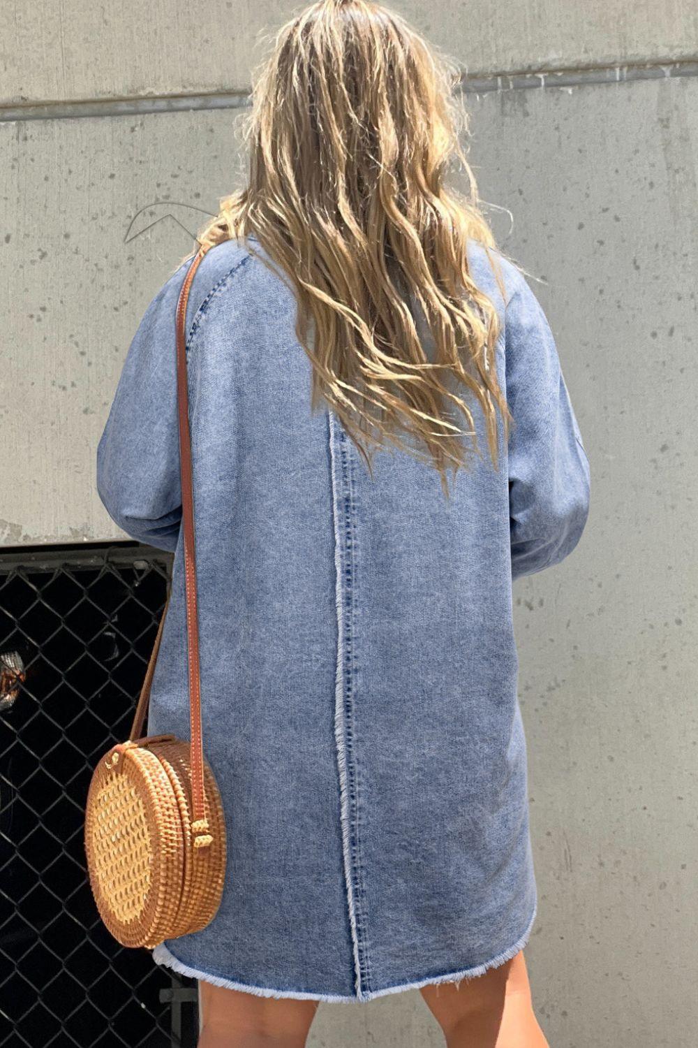 Raw Hem Button Down Long Sleeve Denim Dress - Clothes For Her Online Store