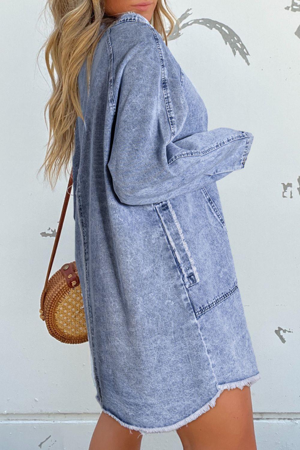 Raw Hem Button Down Long Sleeve Denim Dress - Clothes For Her Online Store