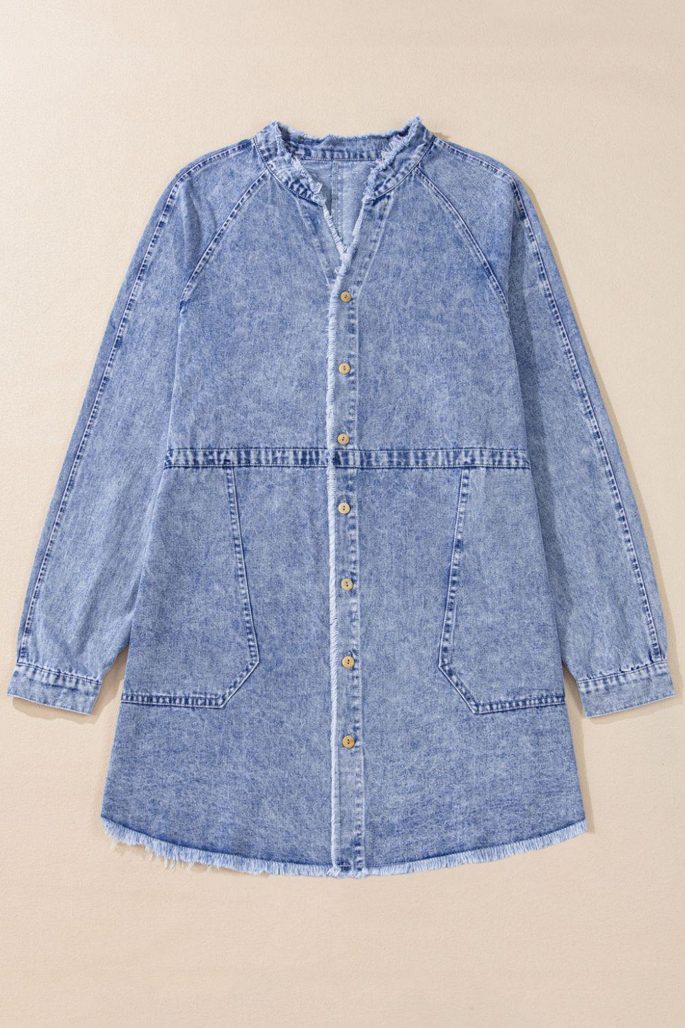 Raw Hem Button Down Long Sleeve Denim Dress - Clothes For Her Online Store
