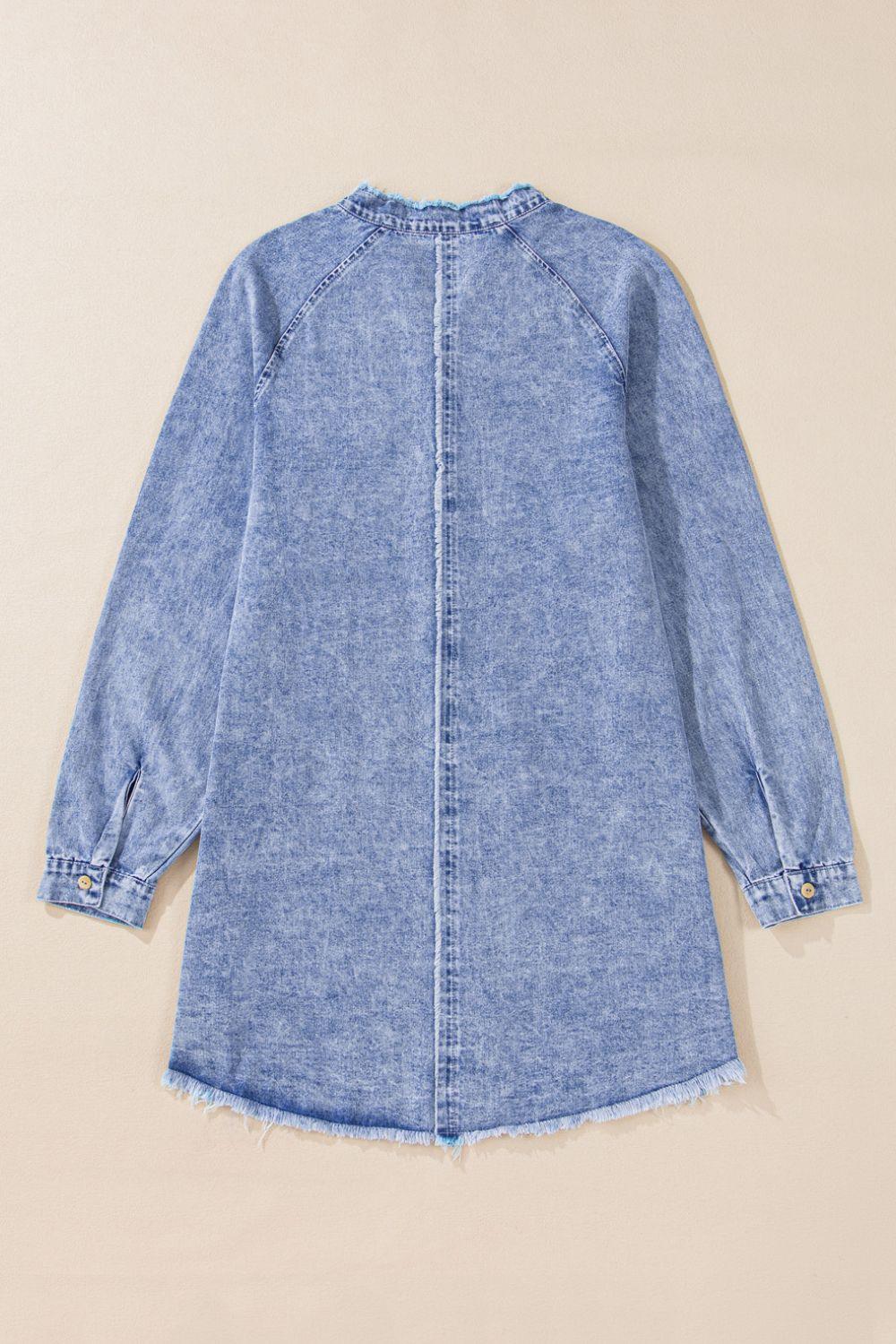 Raw Hem Button Down Long Sleeve Denim Dress - Clothes For Her Online Store