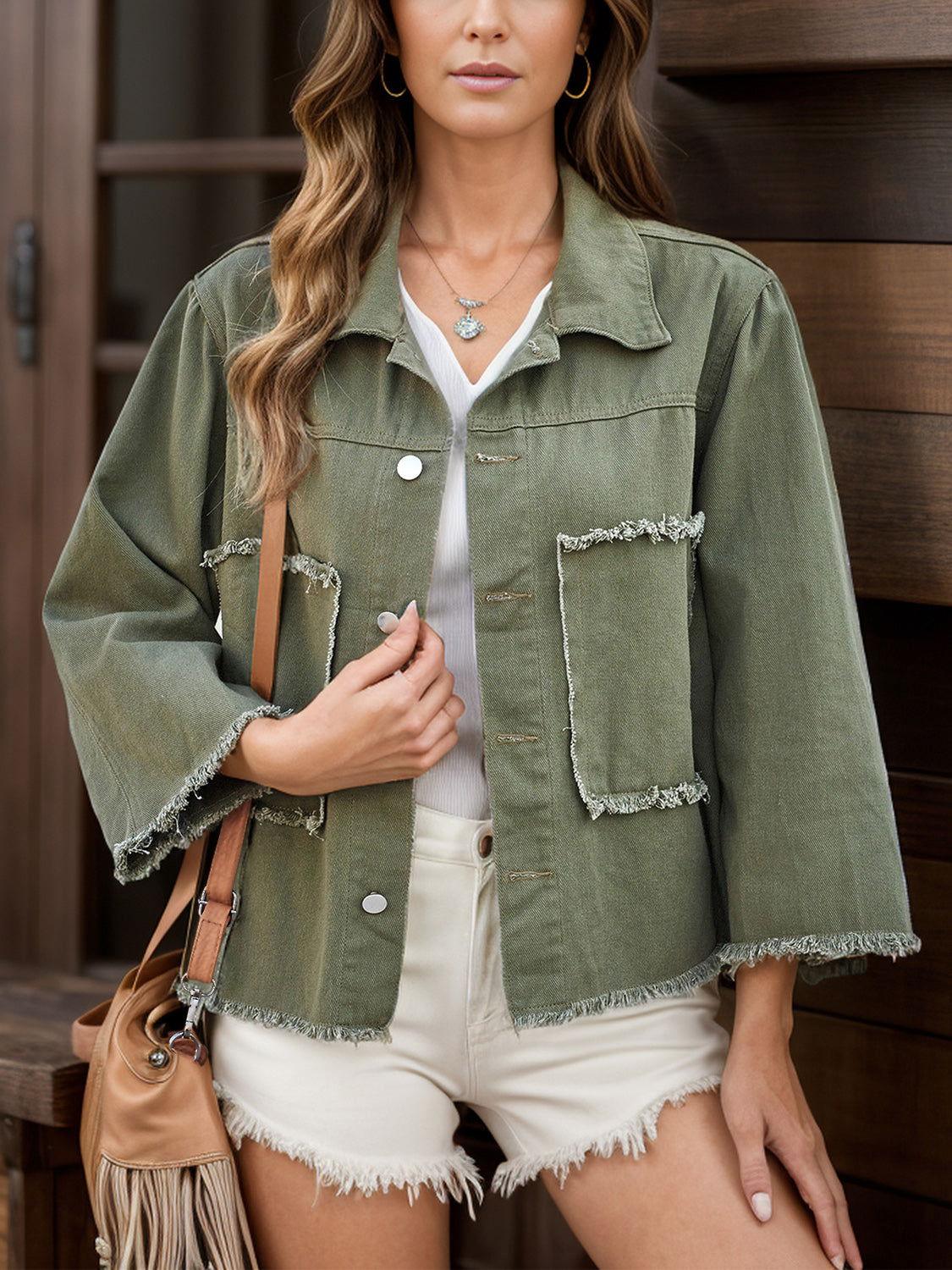 Raw Hem Button Up Denim Jacket - Clothes For Her Online Store