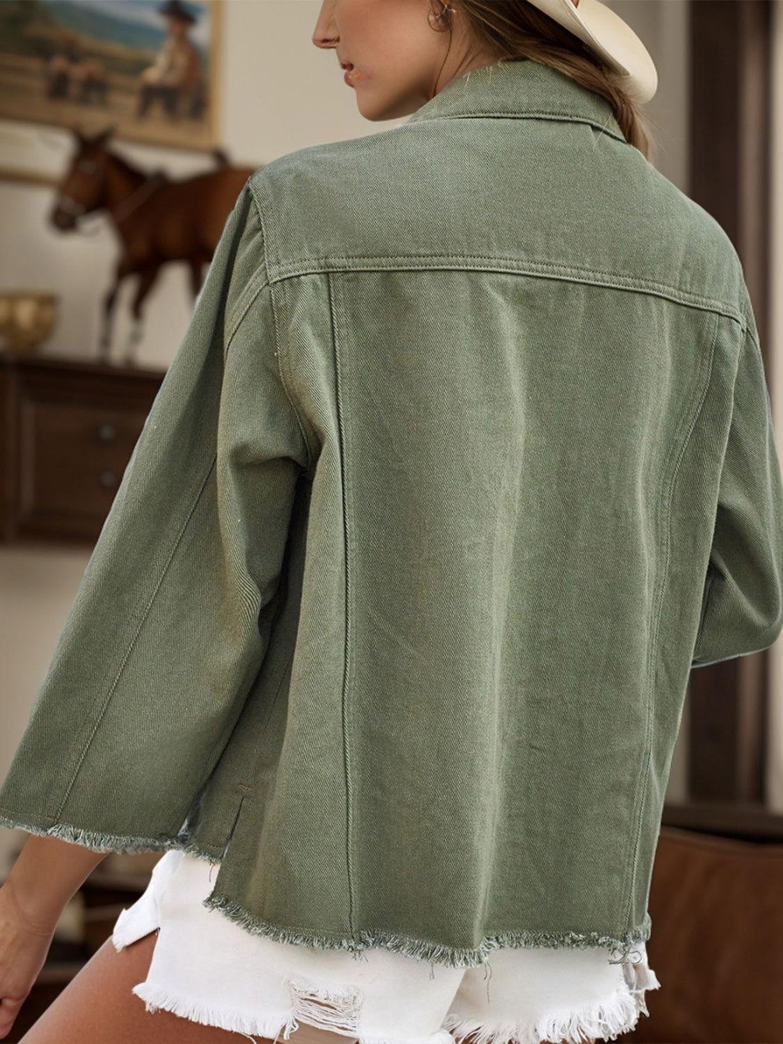 Raw Hem Button Up Denim Jacket - Clothes For Her Online Store