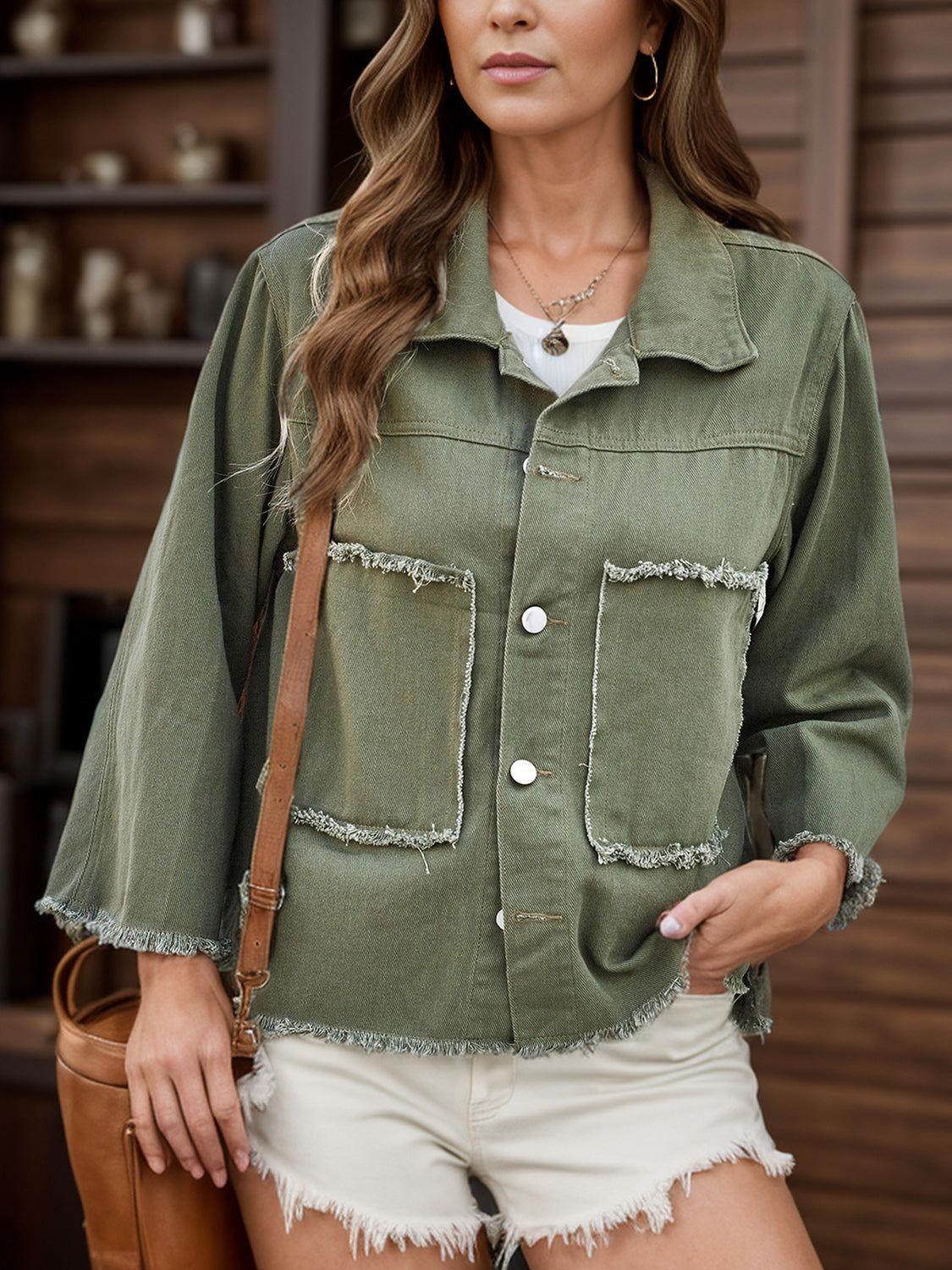 Raw Hem Button Up Denim Jacket - Clothes For Her Online Store