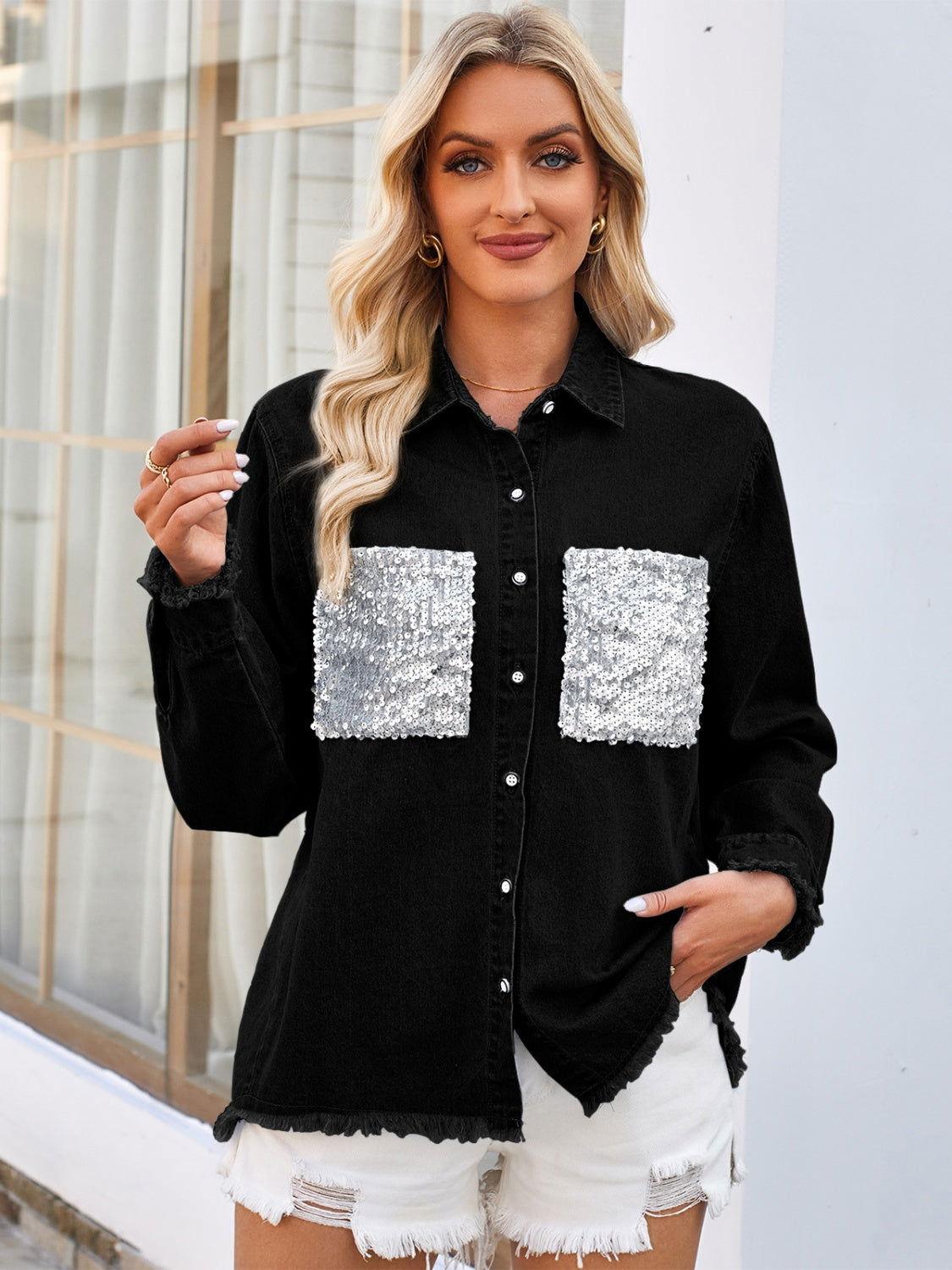 Raw Hem Button Up Long Sleeve Denim Jacket with Sequin Pockets - Clothes For Her Online Store