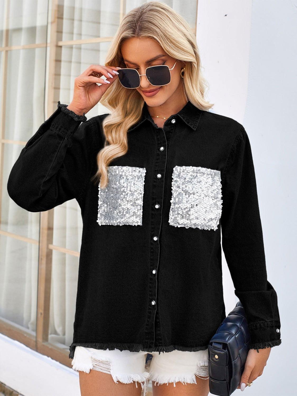 Raw Hem Button Up Long Sleeve Denim Jacket with Sequin Pockets - Clothes For Her Online Store