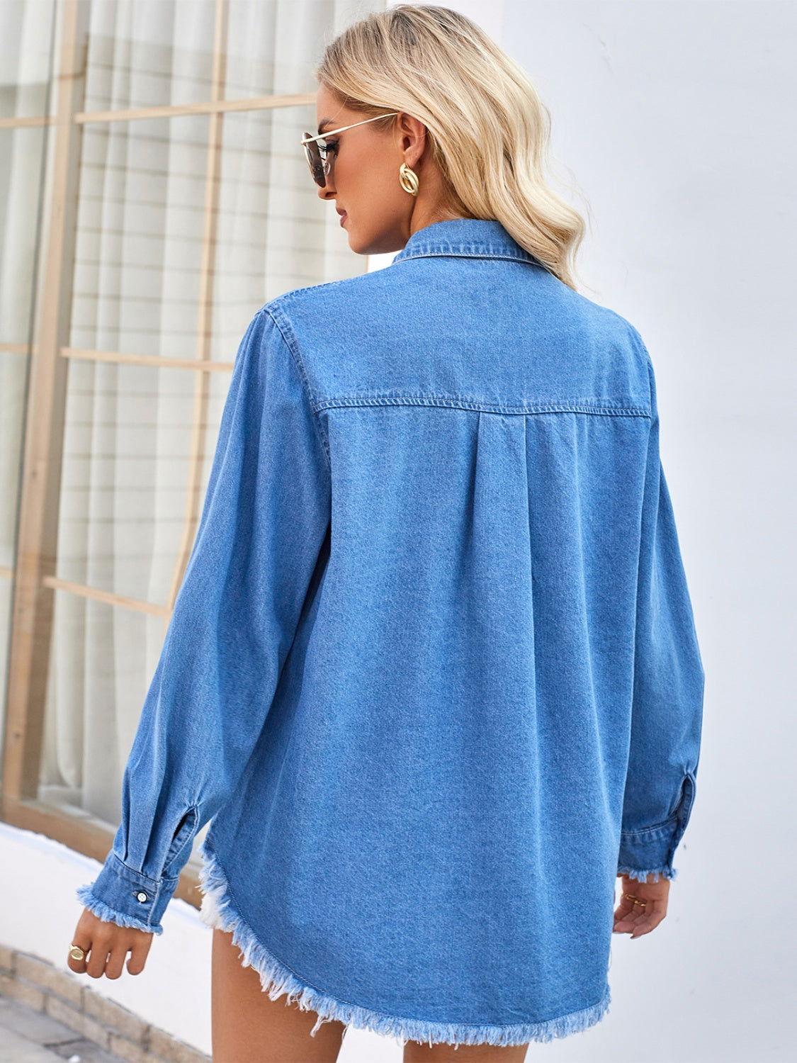 Raw Hem Button Up Long Sleeve Denim Jacket with Sequin Pockets - Clothes For Her Online Store