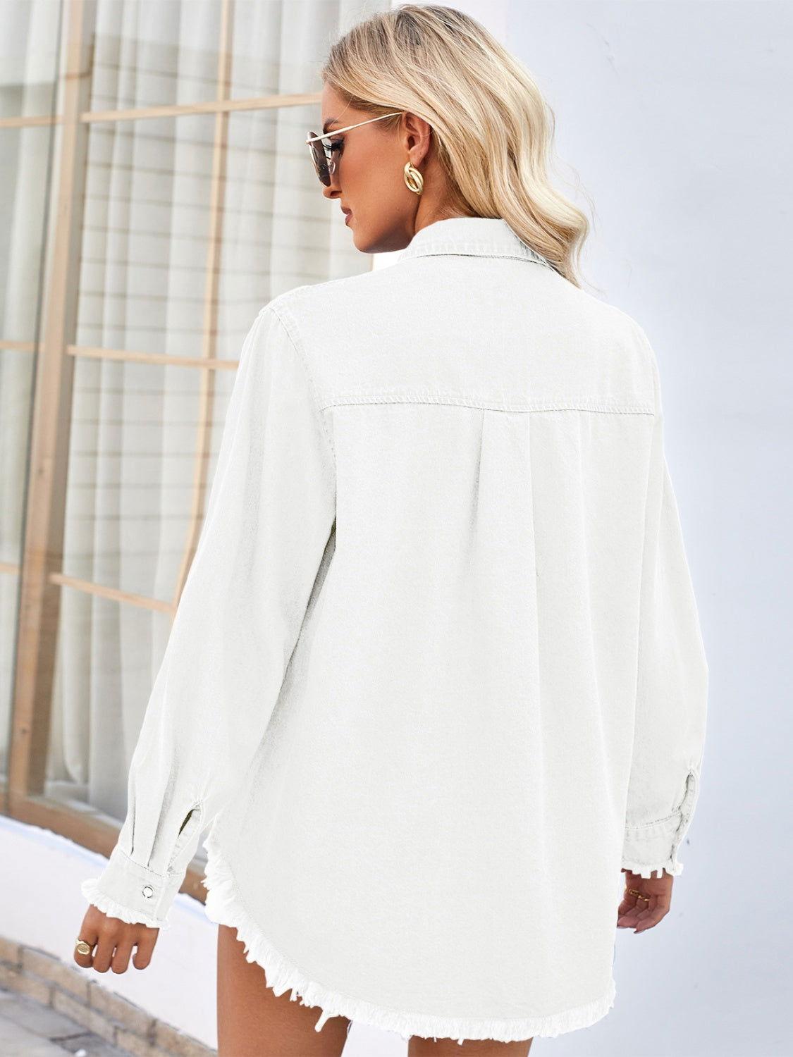 Raw Hem Button Up Long Sleeve Denim Jacket with Sequin Pockets - Clothes For Her Online Store