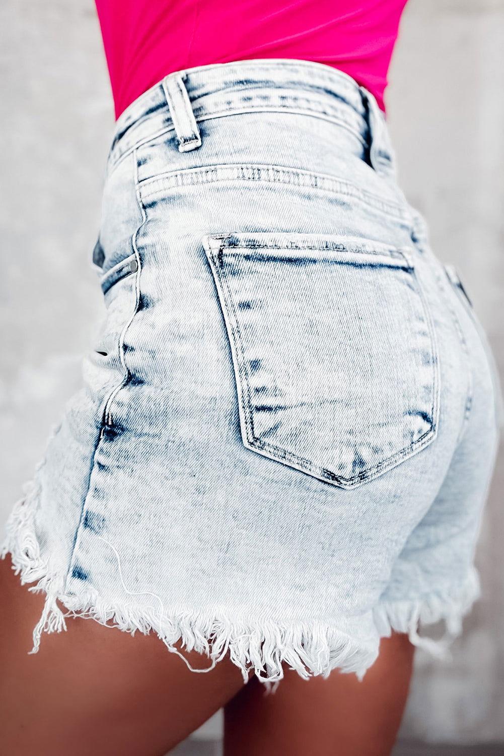 Raw Hem Buttoned Denim Shorts with Pockets - Clothes For Her Online Store