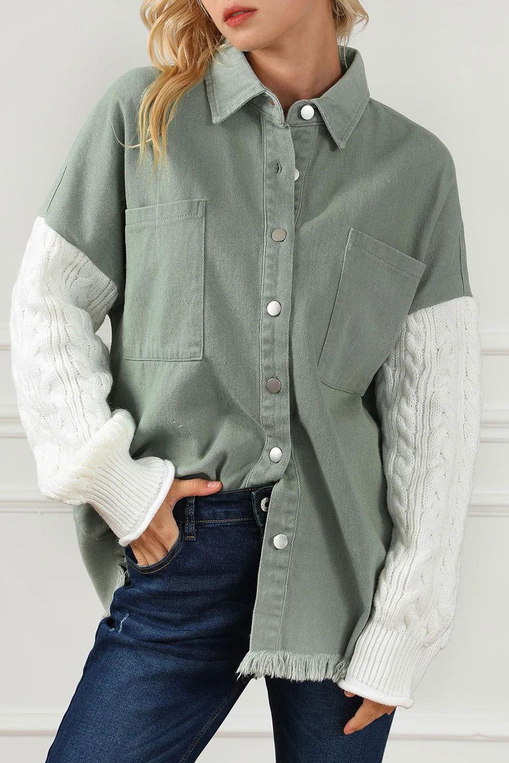 Raw Hem Collared Neck Button Up Long Sleeve Jacket - Clothes For Her Online Store