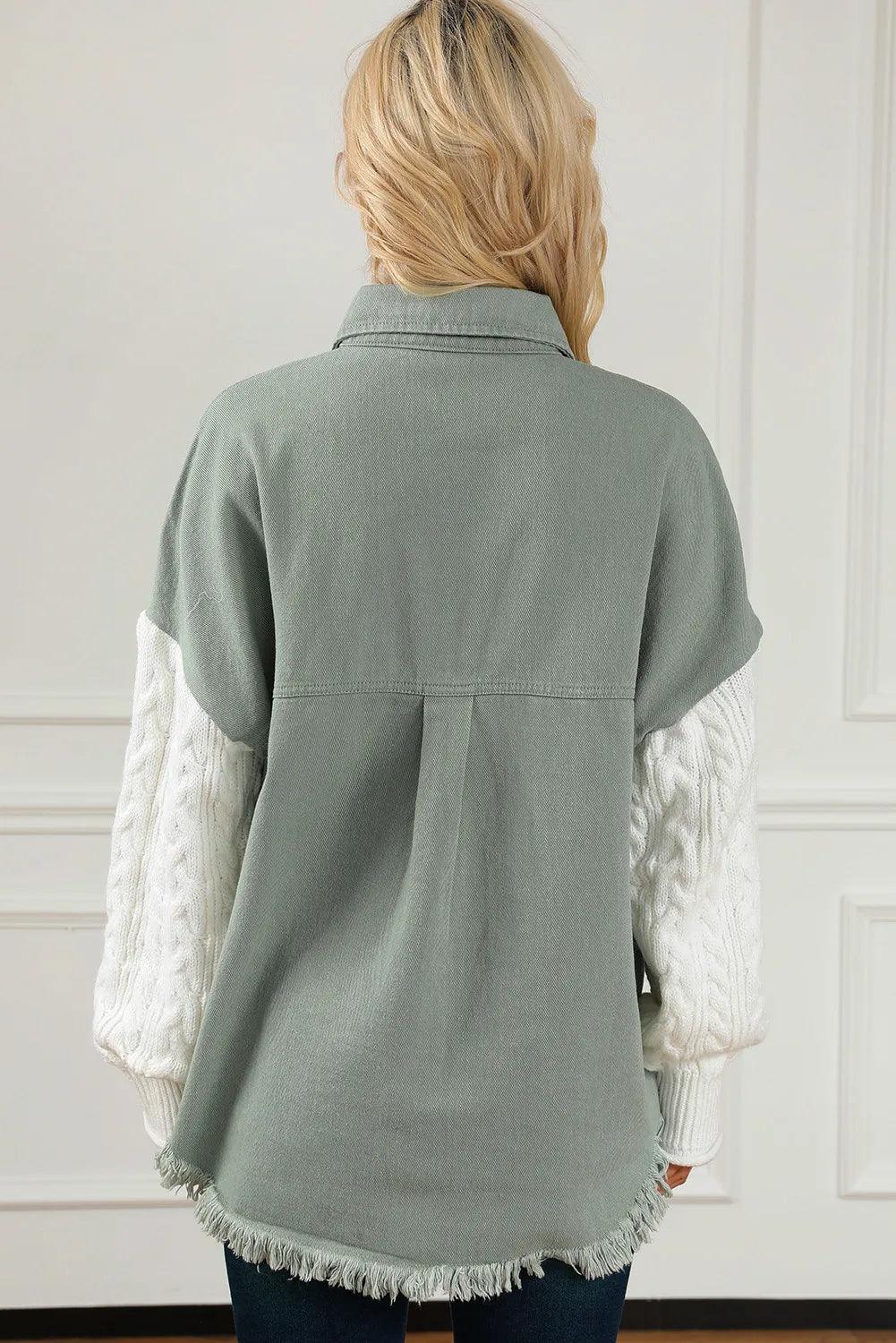 Raw Hem Collared Neck Button Up Long Sleeve Jacket - Clothes For Her Online Store