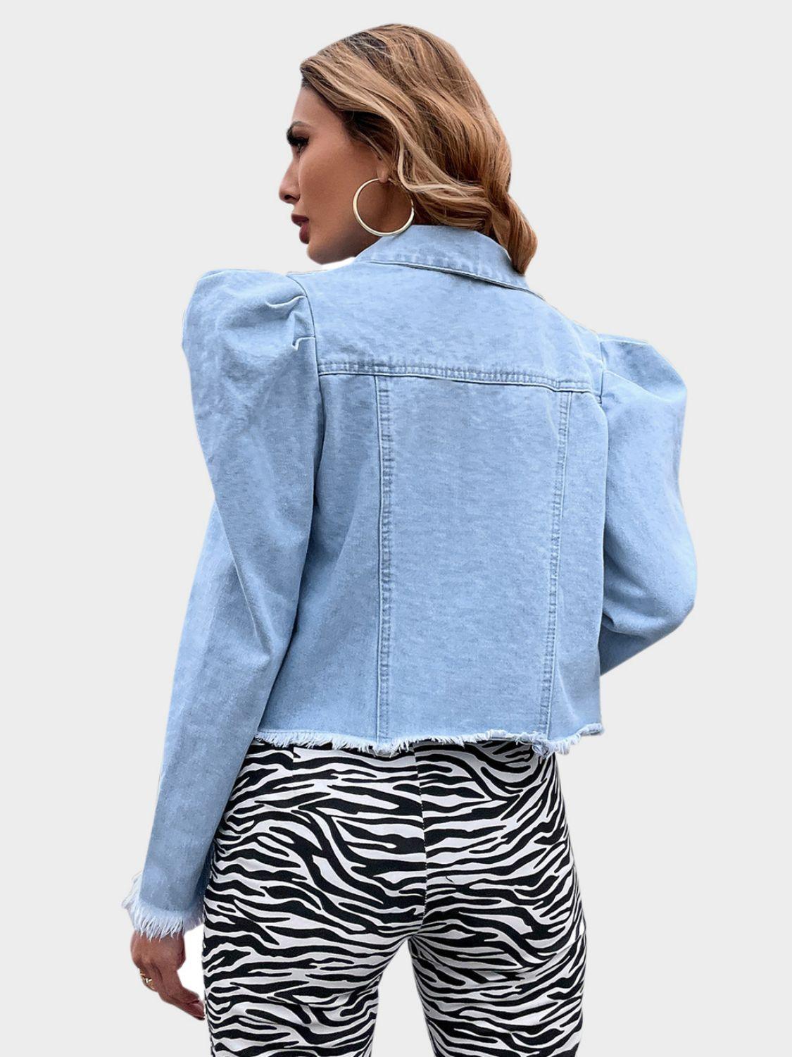 Raw Hem Collared Neck Puff Sleeve Denim Top - Clothes For Her Online Store