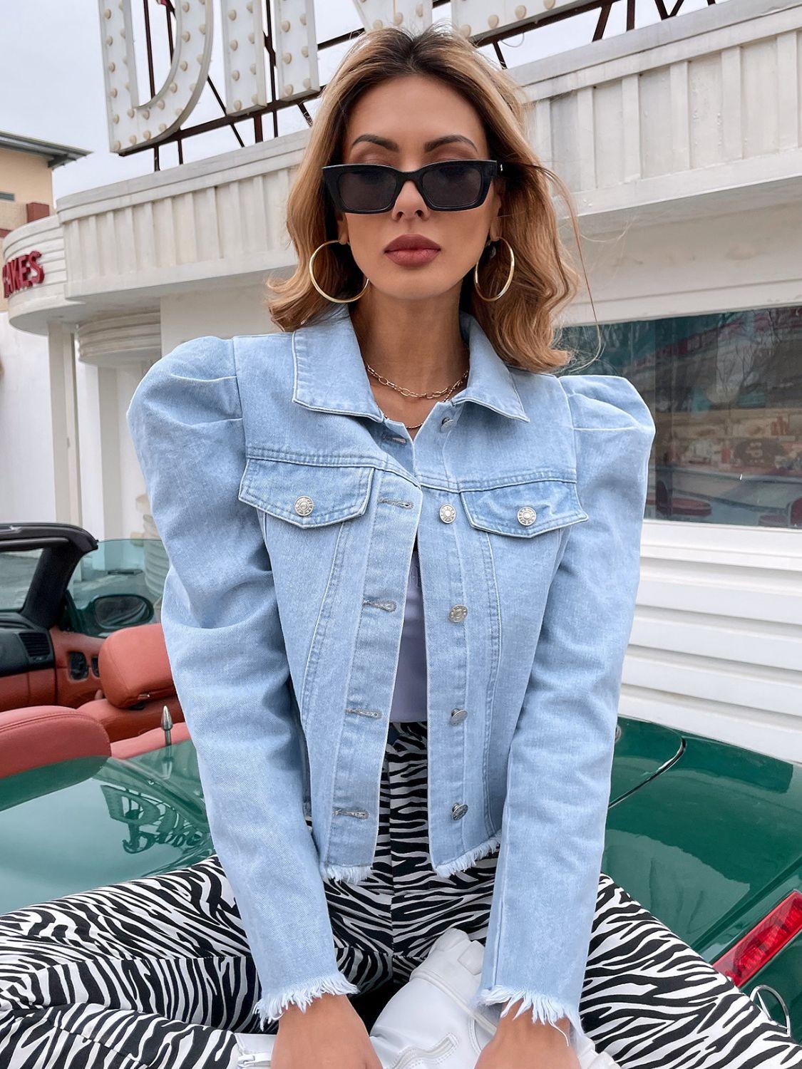 Raw Hem Collared Neck Puff Sleeve Denim Top - Clothes For Her Online Store