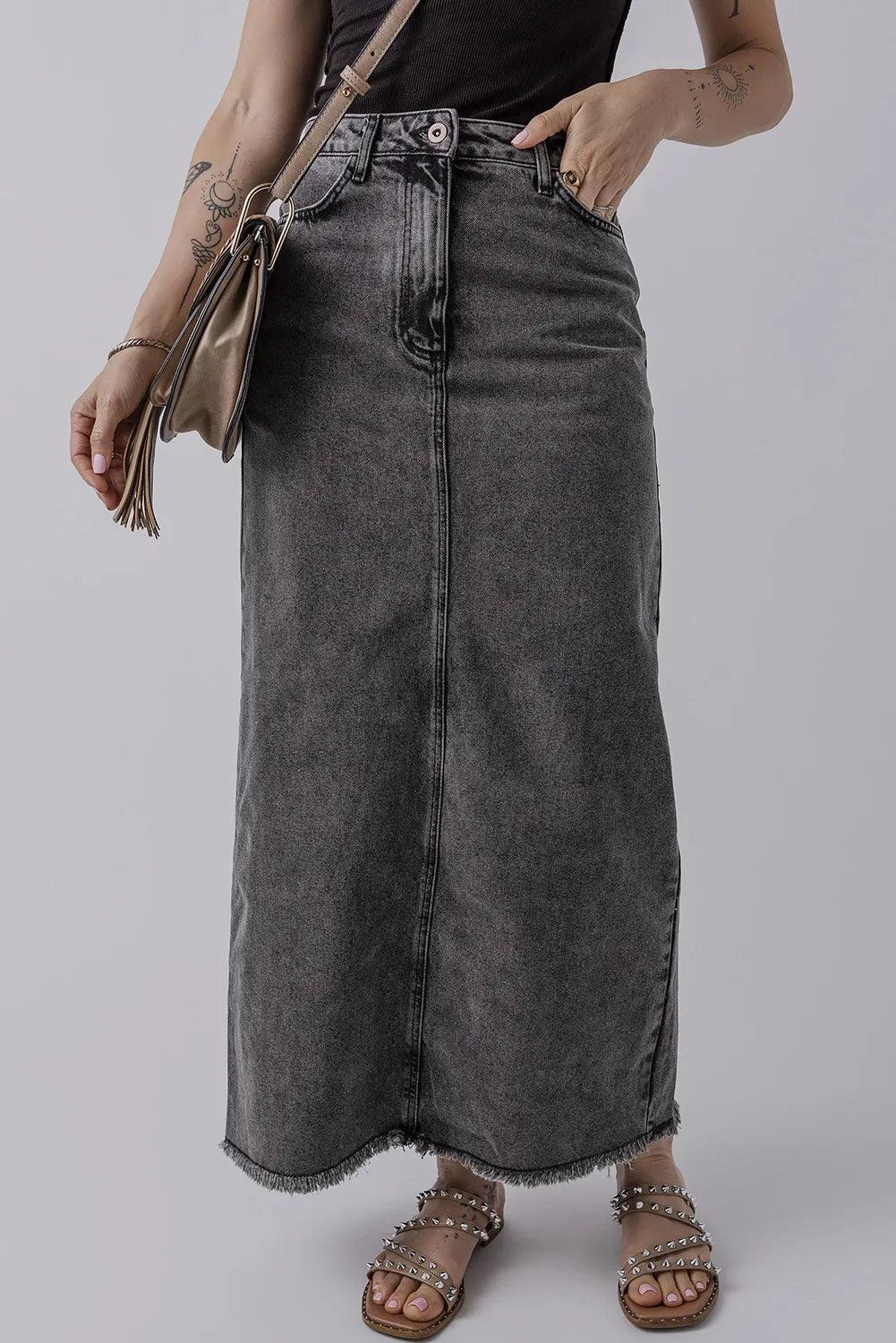 Raw Hem Midi Denim Skirt with Pockets - Clothes For Her Online Store