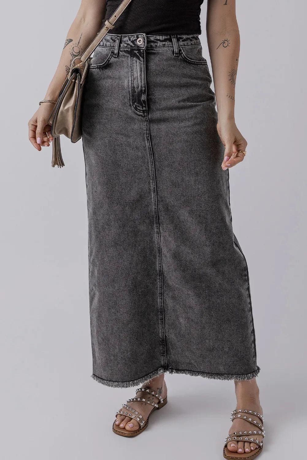 Raw Hem Midi Denim Skirt with Pockets - Clothes For Her Online Store