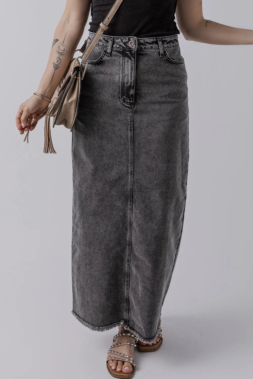 Raw Hem Midi Denim Skirt with Pockets - Clothes For Her Online Store
