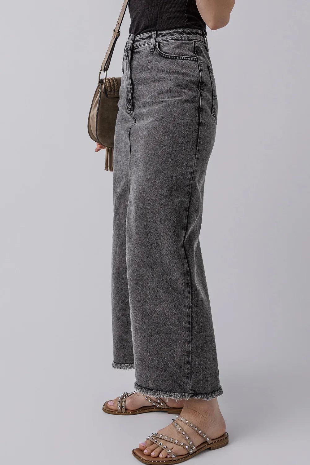 Raw Hem Midi Denim Skirt with Pockets - Clothes For Her Online Store