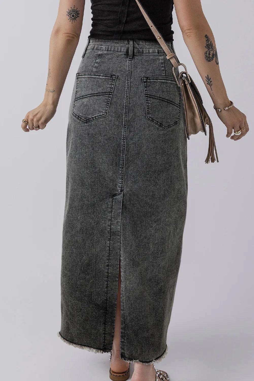 Raw Hem Midi Denim Skirt with Pockets - Clothes For Her Online Store