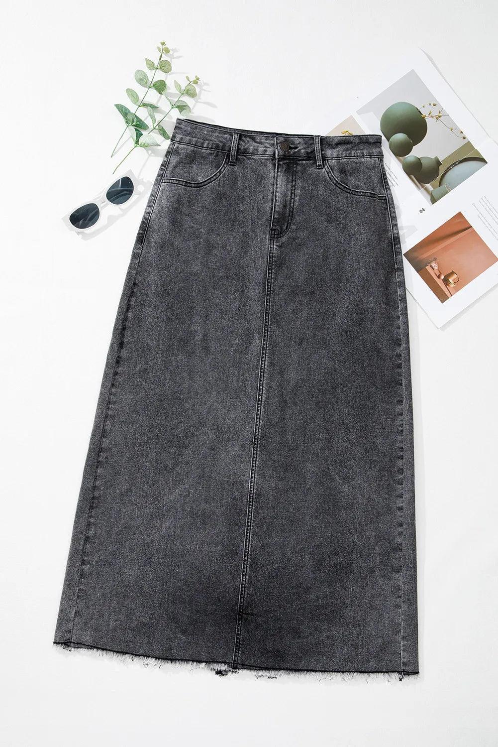 Raw Hem Midi Denim Skirt with Pockets - Clothes For Her Online Store