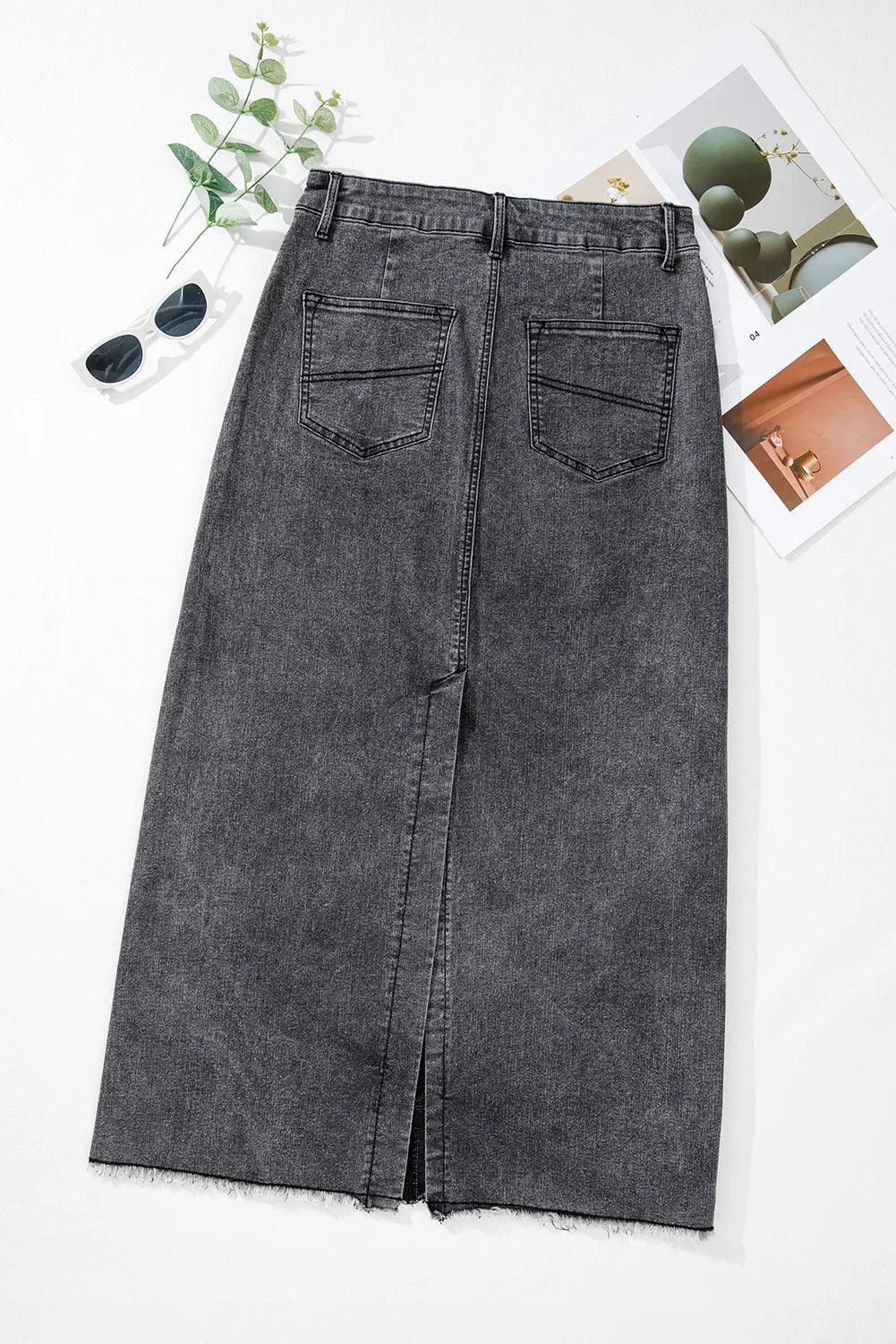 Raw Hem Midi Denim Skirt with Pockets - Clothes For Her Online Store