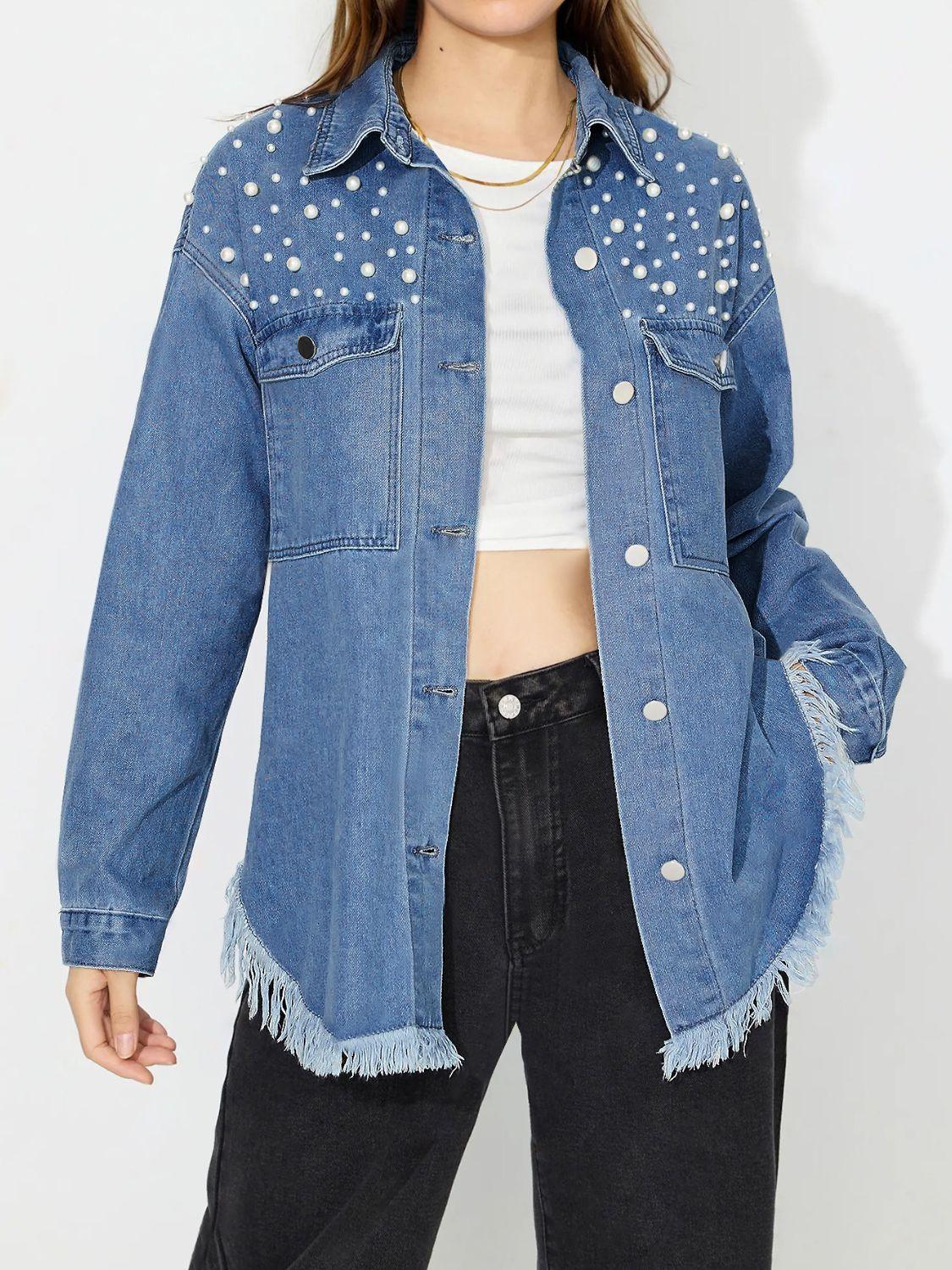 Raw Hem Pearl Trim Collared Neck Denim Top - Clothes For Her Online Store