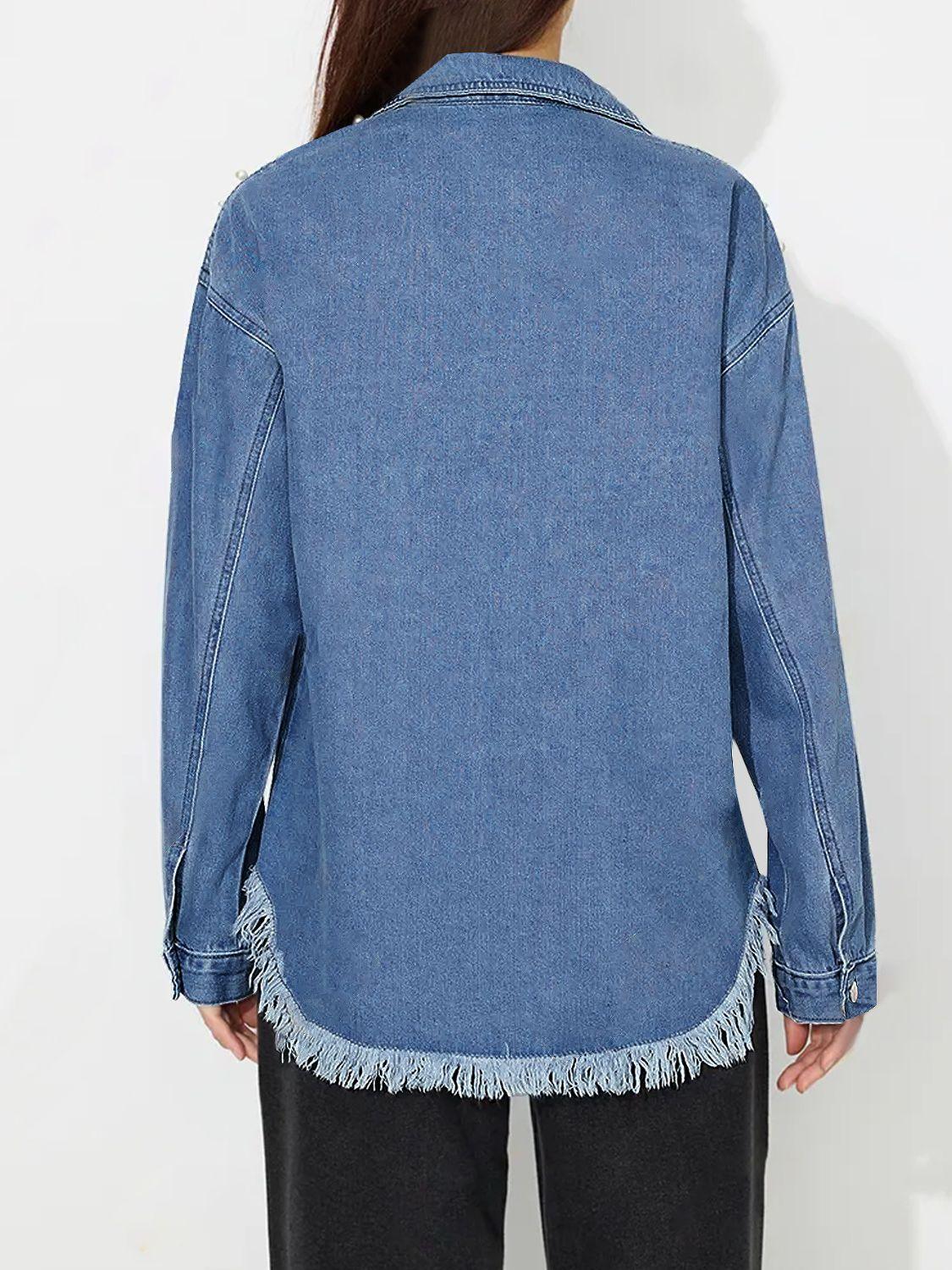 Raw Hem Pearl Trim Collared Neck Denim Top - Clothes For Her Online Store