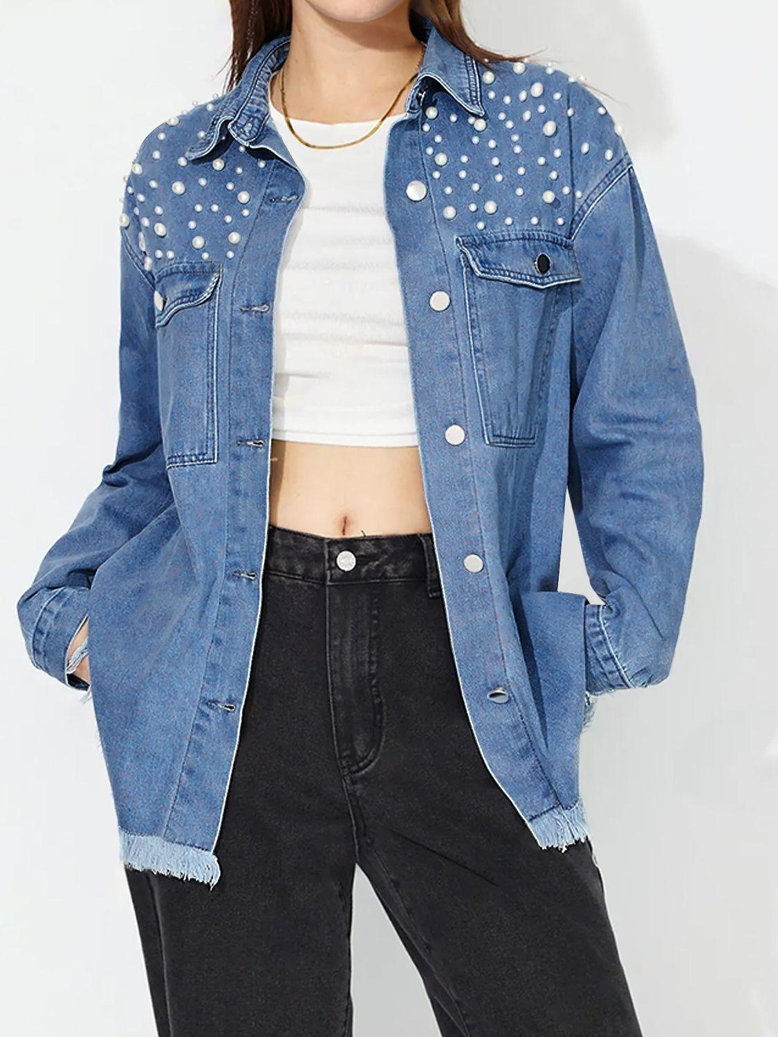 Raw Hem Pearl Trim Collared Neck Denim Top - Clothes For Her Online Store