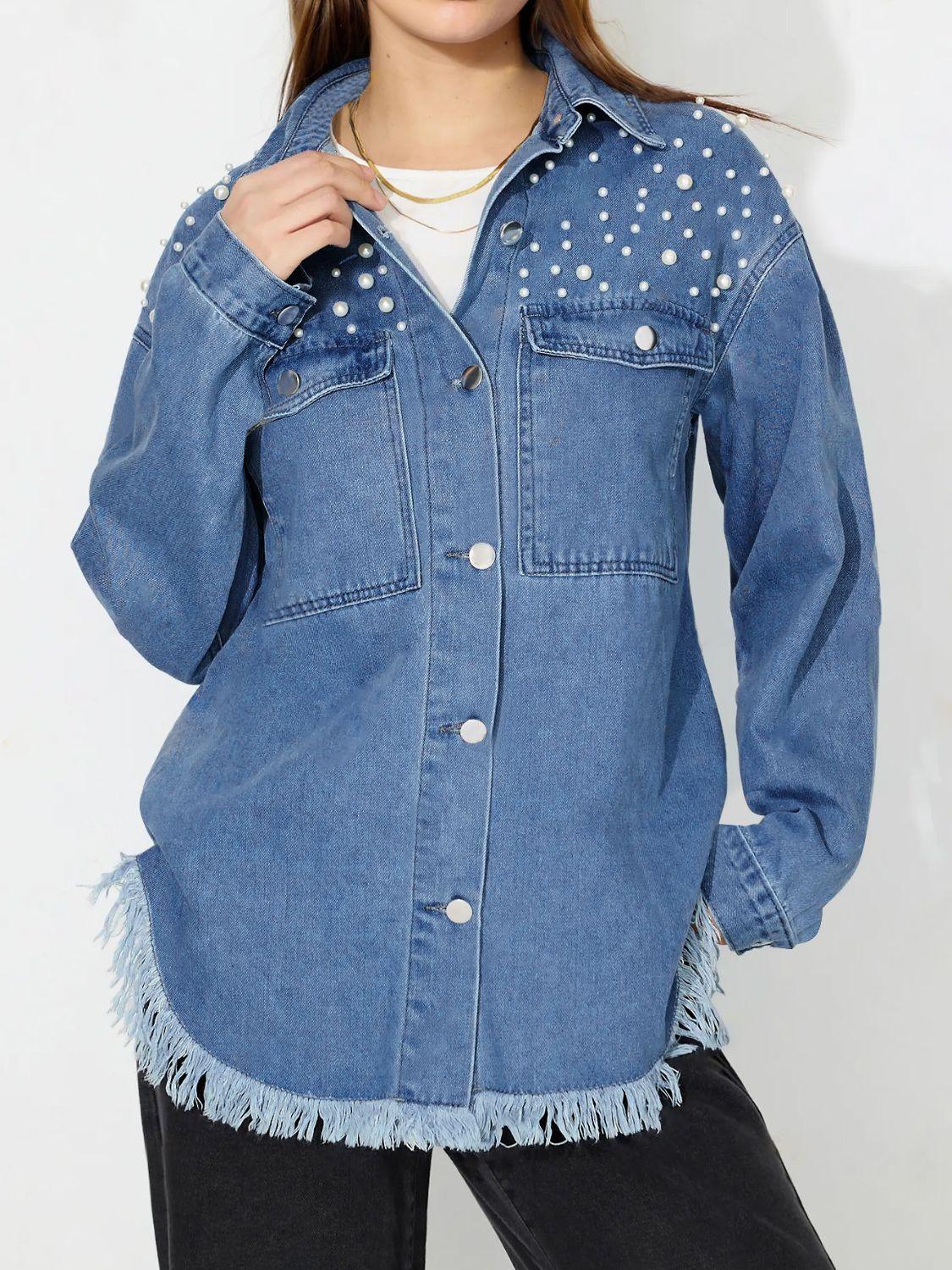 Raw Hem Pearl Trim Collared Neck Denim Top - Clothes For Her Online Store