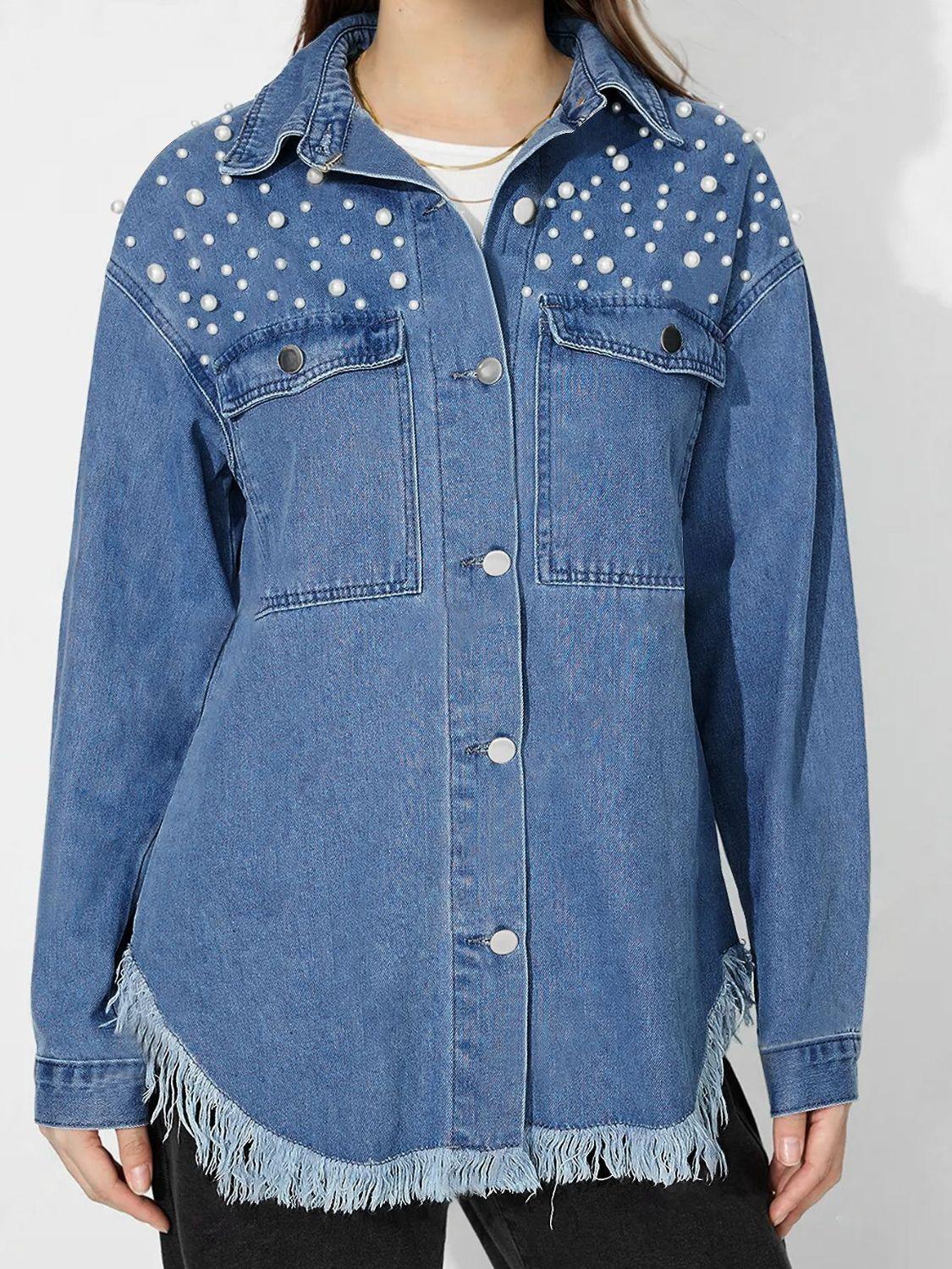 Raw Hem Pearl Trim Collared Neck Denim Top - Clothes For Her Online Store