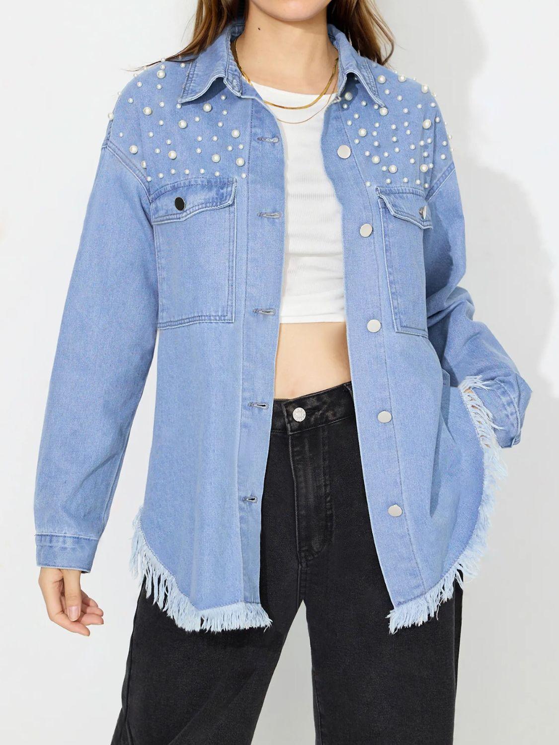Raw Hem Pearl Trim Collared Neck Denim Top - Clothes For Her Online Store
