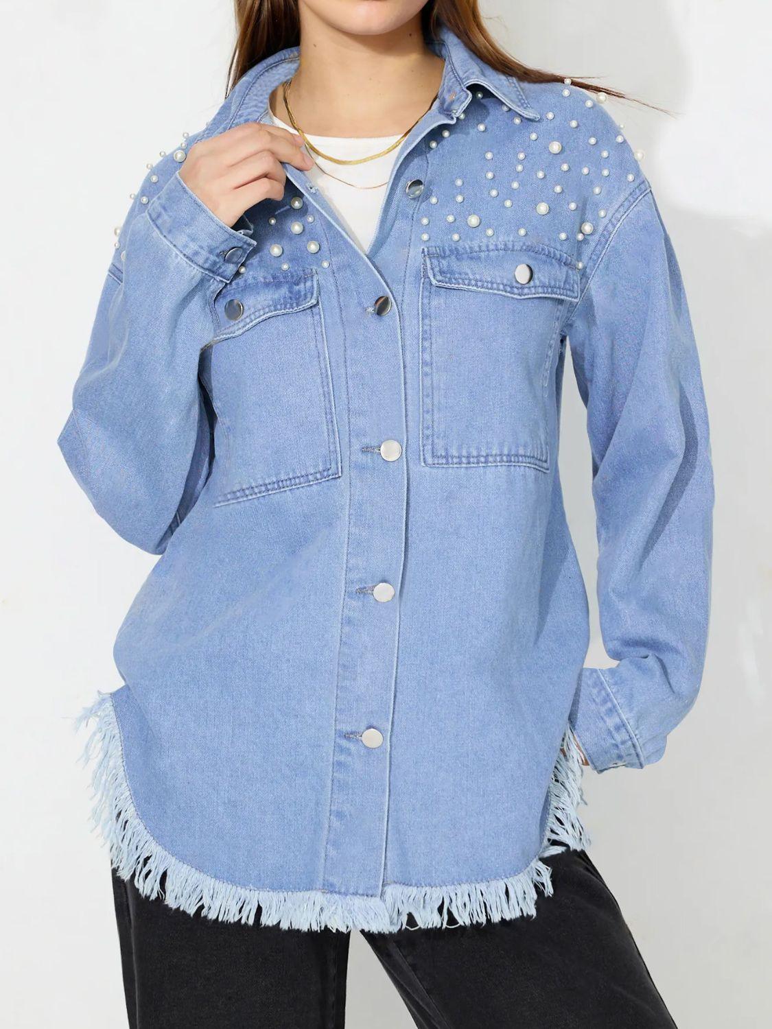 Raw Hem Pearl Trim Collared Neck Denim Top - Clothes For Her Online Store