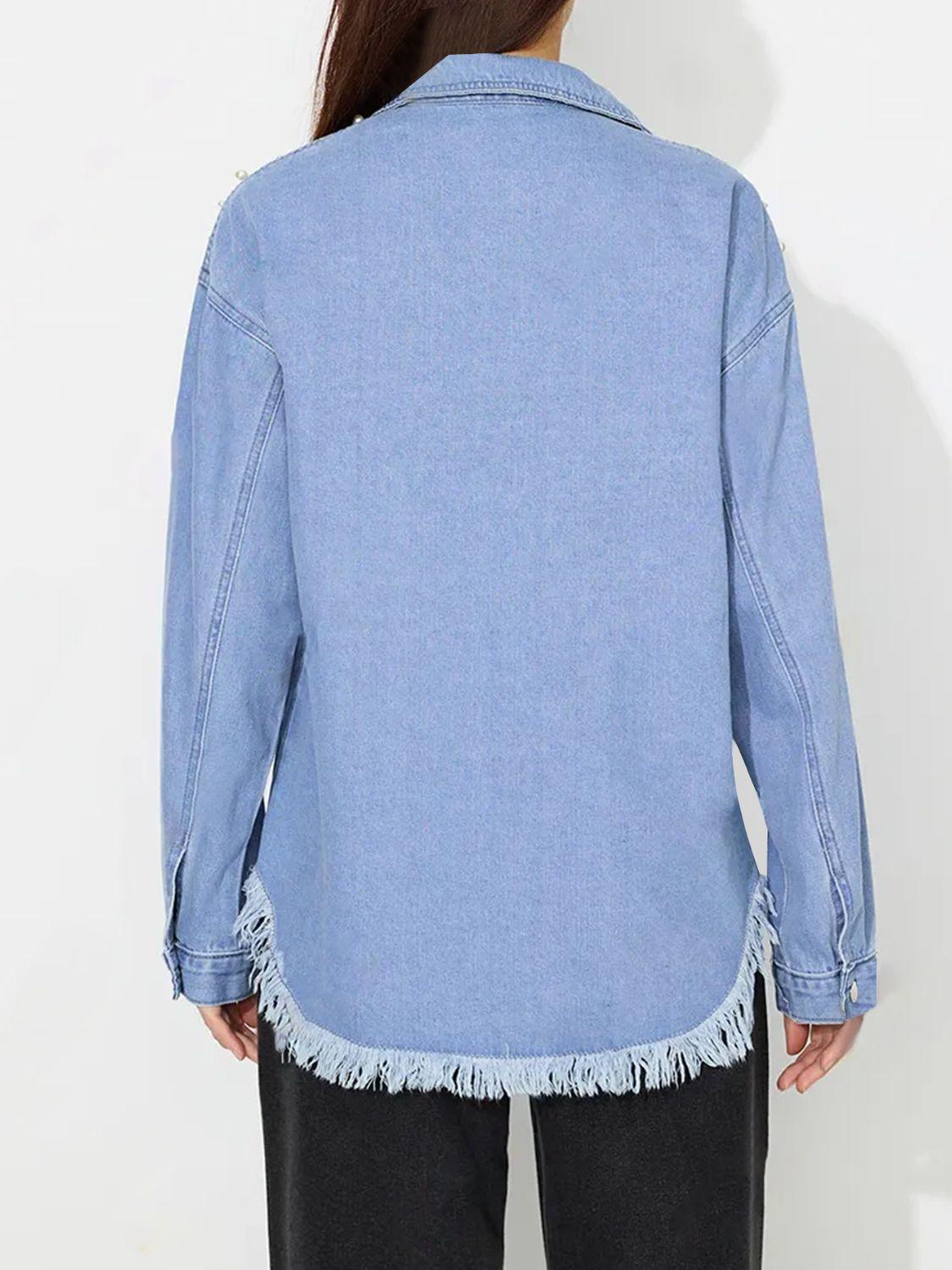 Raw Hem Pearl Trim Collared Neck Denim Top - Clothes For Her Online Store