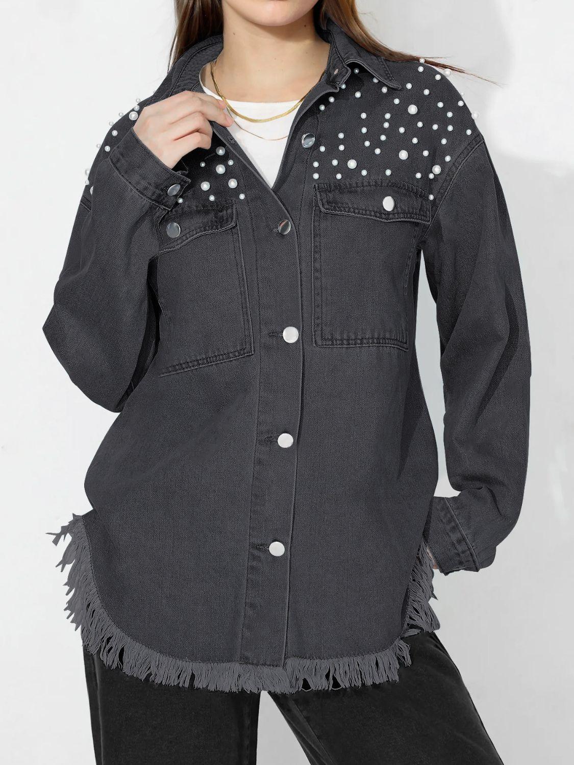 Raw Hem Pearl Trim Collared Neck Denim Top - Clothes For Her Online Store