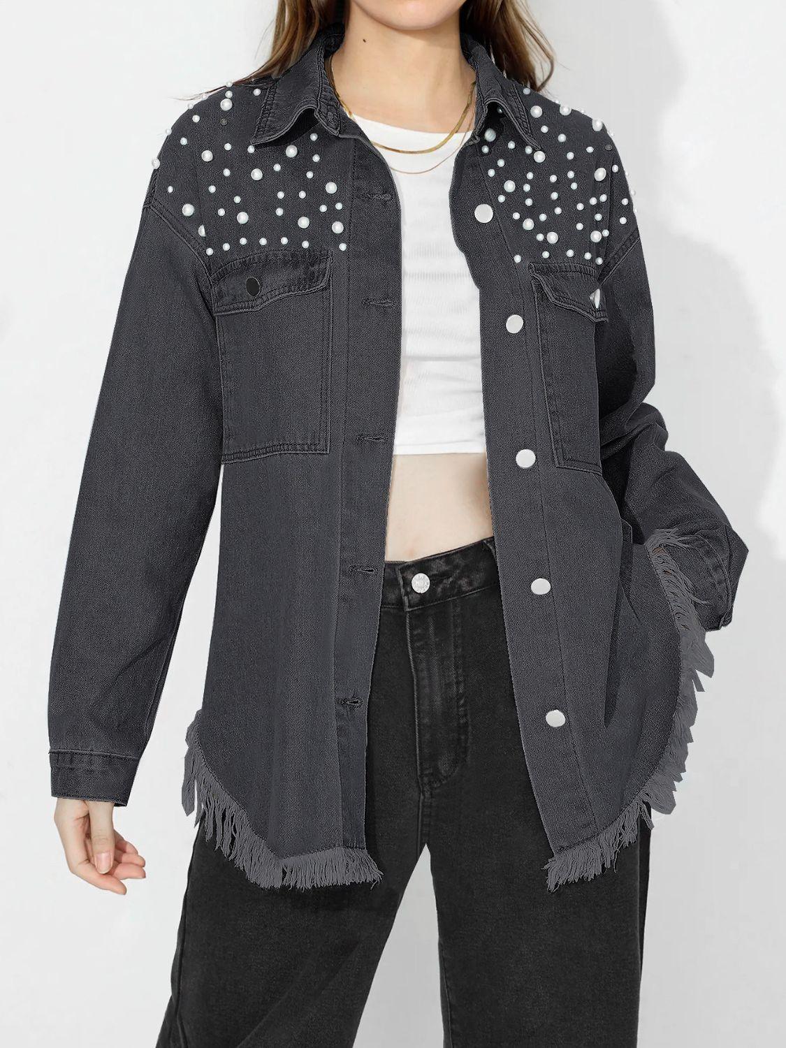 Raw Hem Pearl Trim Collared Neck Denim Top - Clothes For Her Online Store