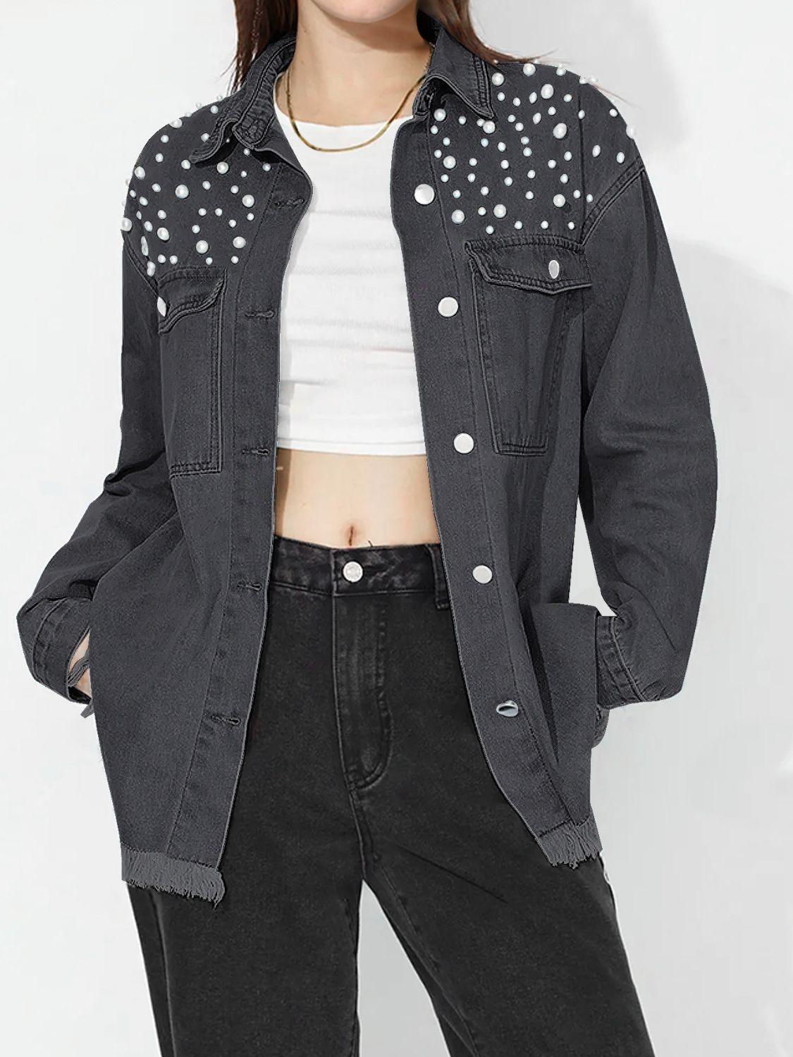 Raw Hem Pearl Trim Collared Neck Denim Top - Clothes For Her Online Store