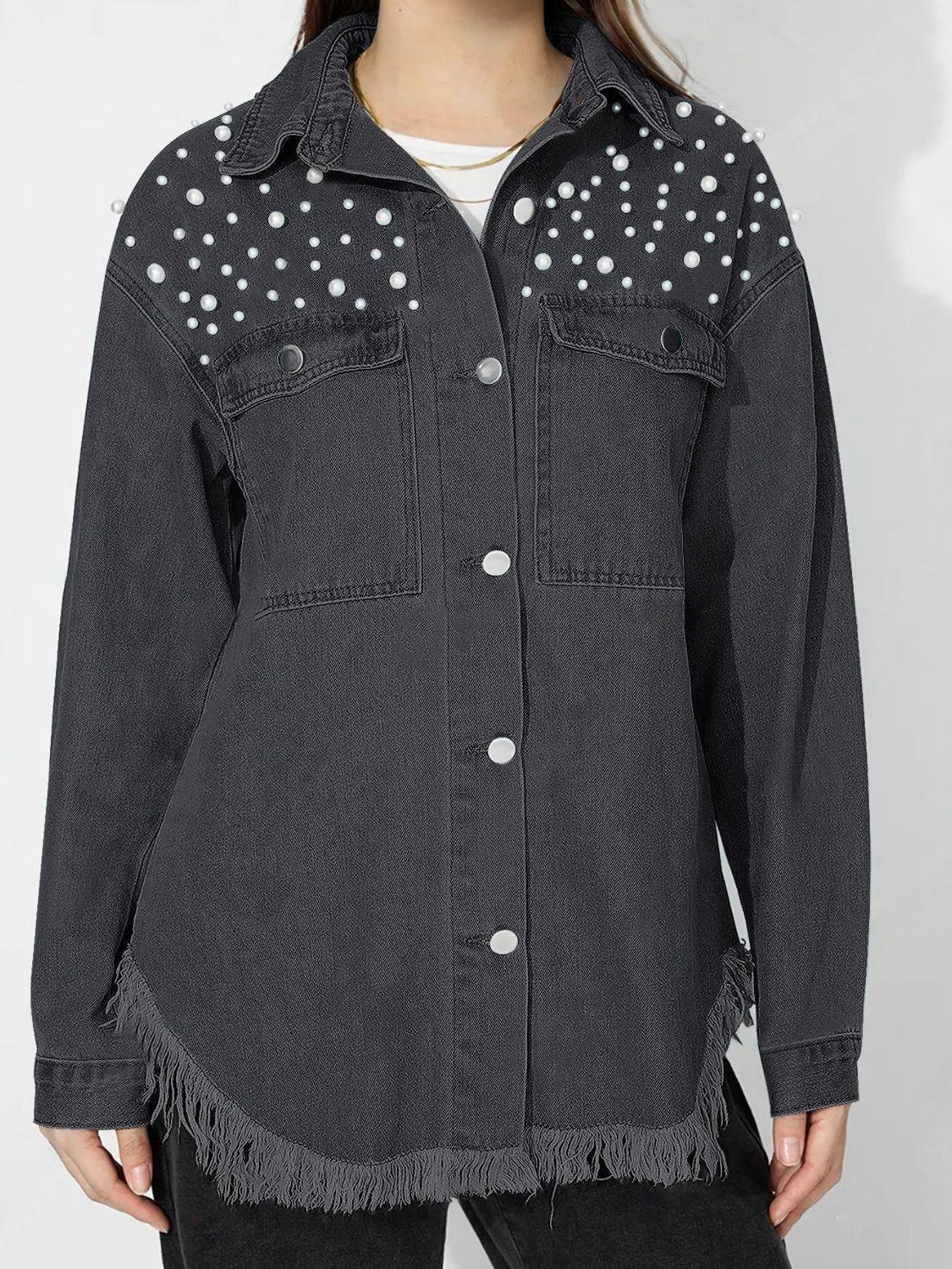 Raw Hem Pearl Trim Collared Neck Denim Top - Clothes For Her Online Store