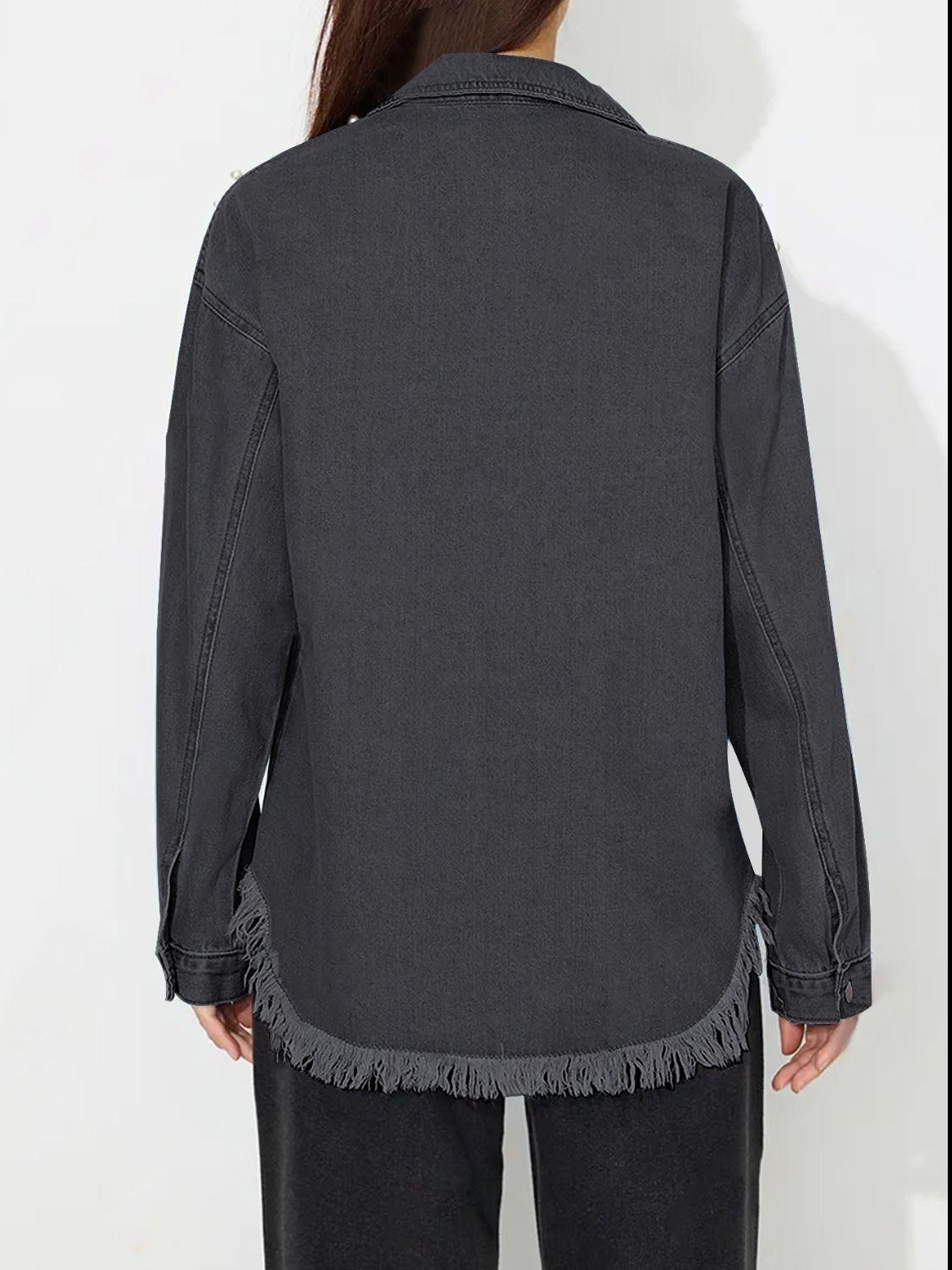 Raw Hem Pearl Trim Collared Neck Denim Top - Clothes For Her Online Store