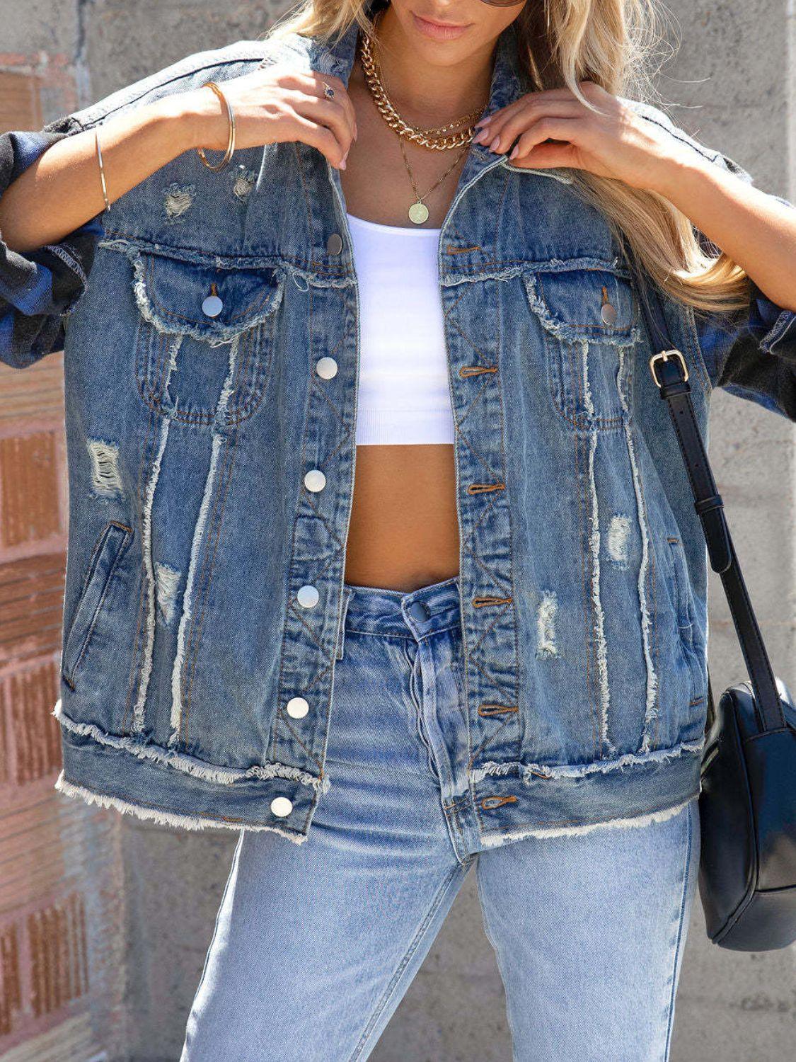Raw Hem Plaid Sleeve Denim Jacket - Clothes For Her Online Store