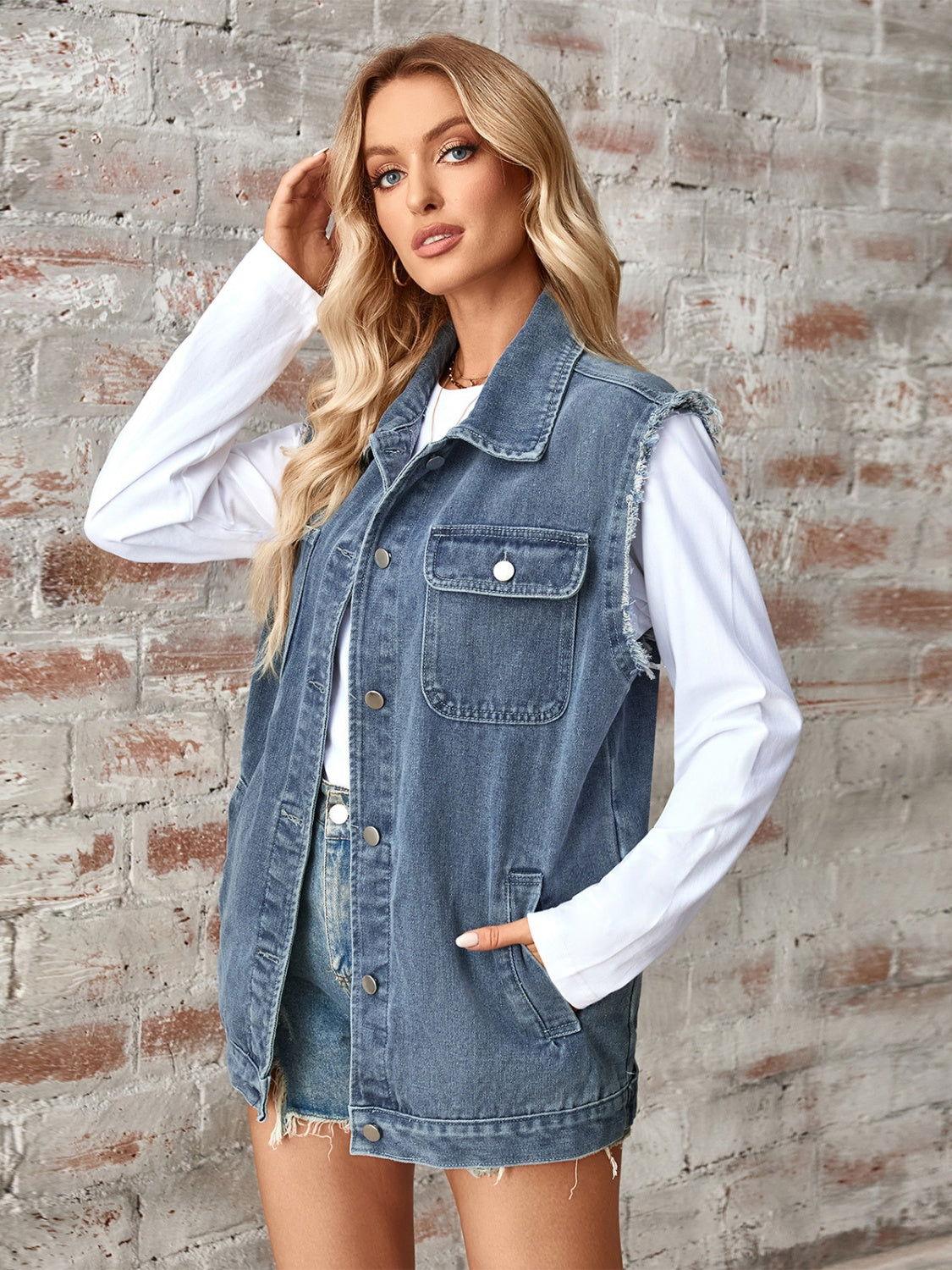 Raw Hem Sleeveless Button Up Denim Jacket - Clothes For Her Online Store