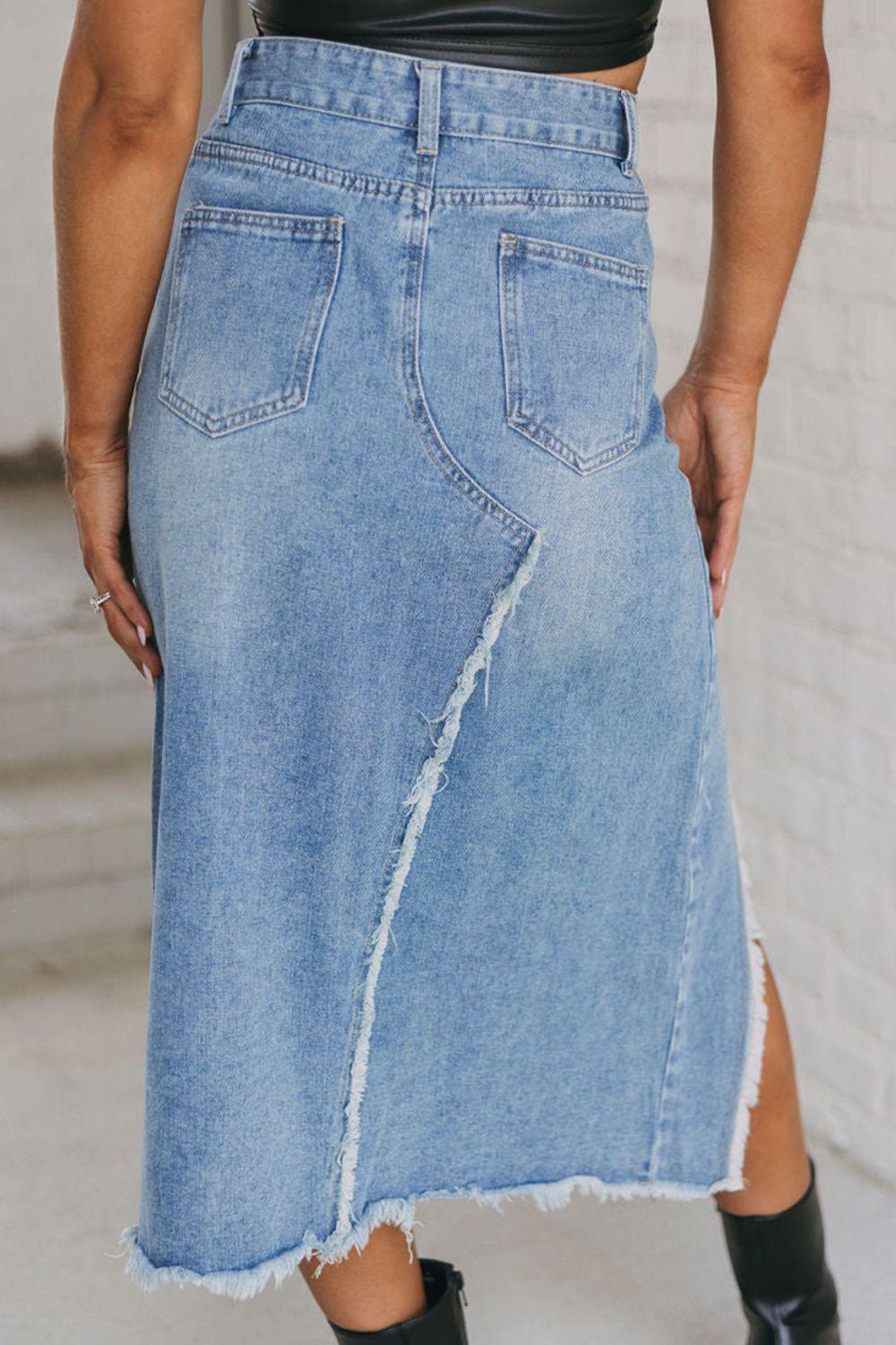 Raw Hem Slit Denim Skirt with Pockets - Clothes For Her Online Store