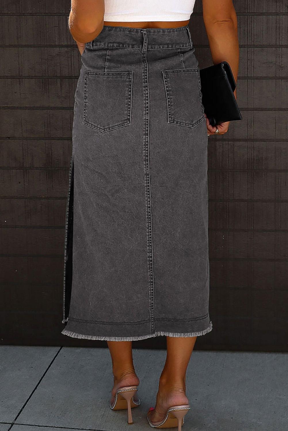 Raw Hem Slit Pocketed Midi Denim Skirt - Clothes For Her Online Store
