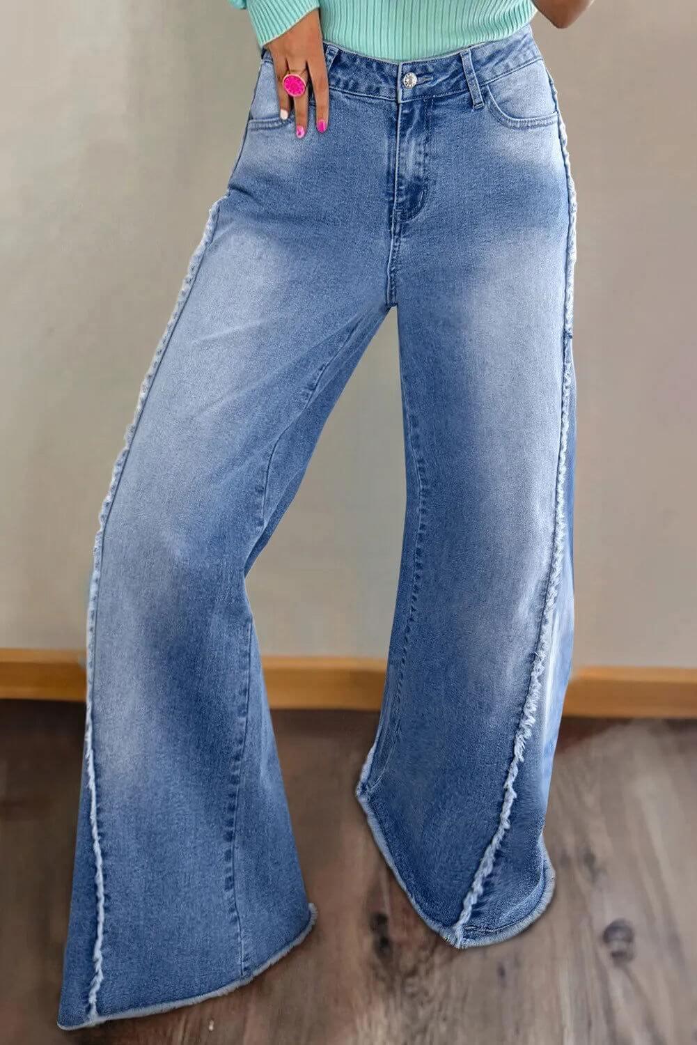 Raw Hem Wide Leg Jeans with Pockets - Clothes For Her Online Store