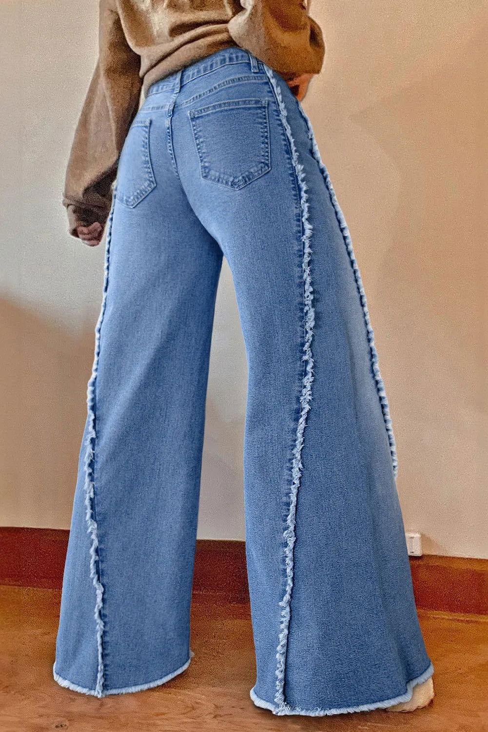 Raw Hem Wide Leg Jeans with Pockets - Clothes For Her Online Store