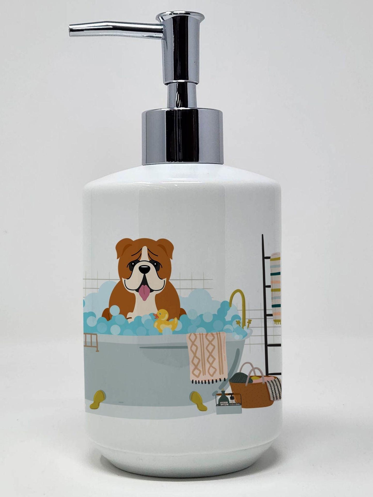 Red White English Bulldog in Bathtub Ceramic Soap Dispenser Hand Soap Dispenser Pump Bottles for Bathroom Kitchen, Empty Refillable Liquid Soap Container - Clothes For Her Online Store