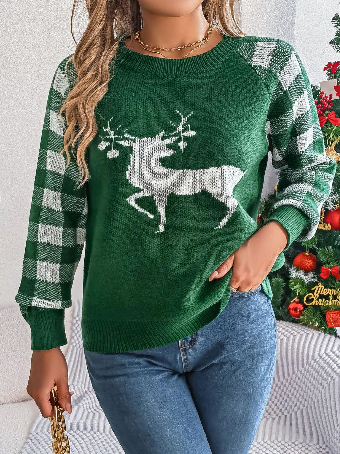 Reindeer Plaid Round Neck Long Sleeve Sweater - Clothes For Her Online Store