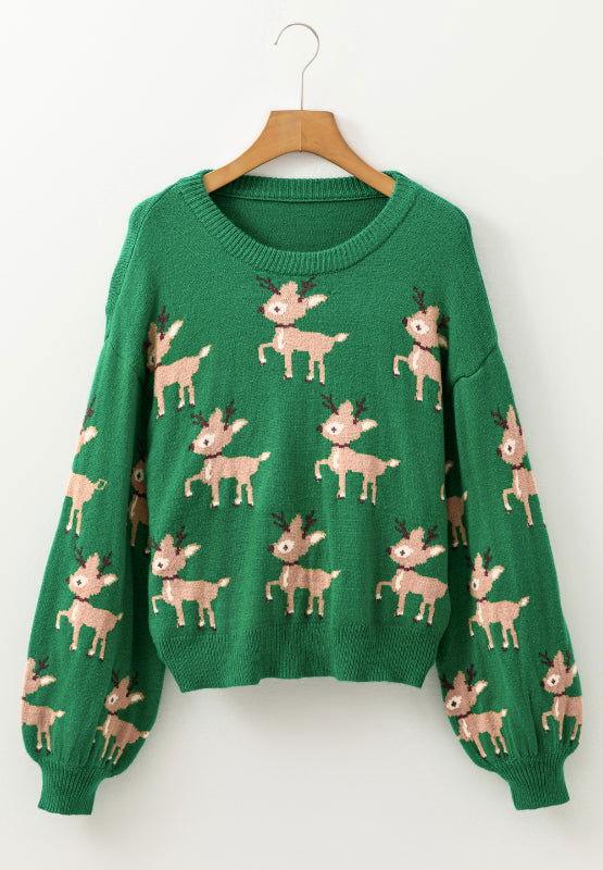 Reindeer Round Neck Drop Shoulder Sweater - Clothes For Her Online Store