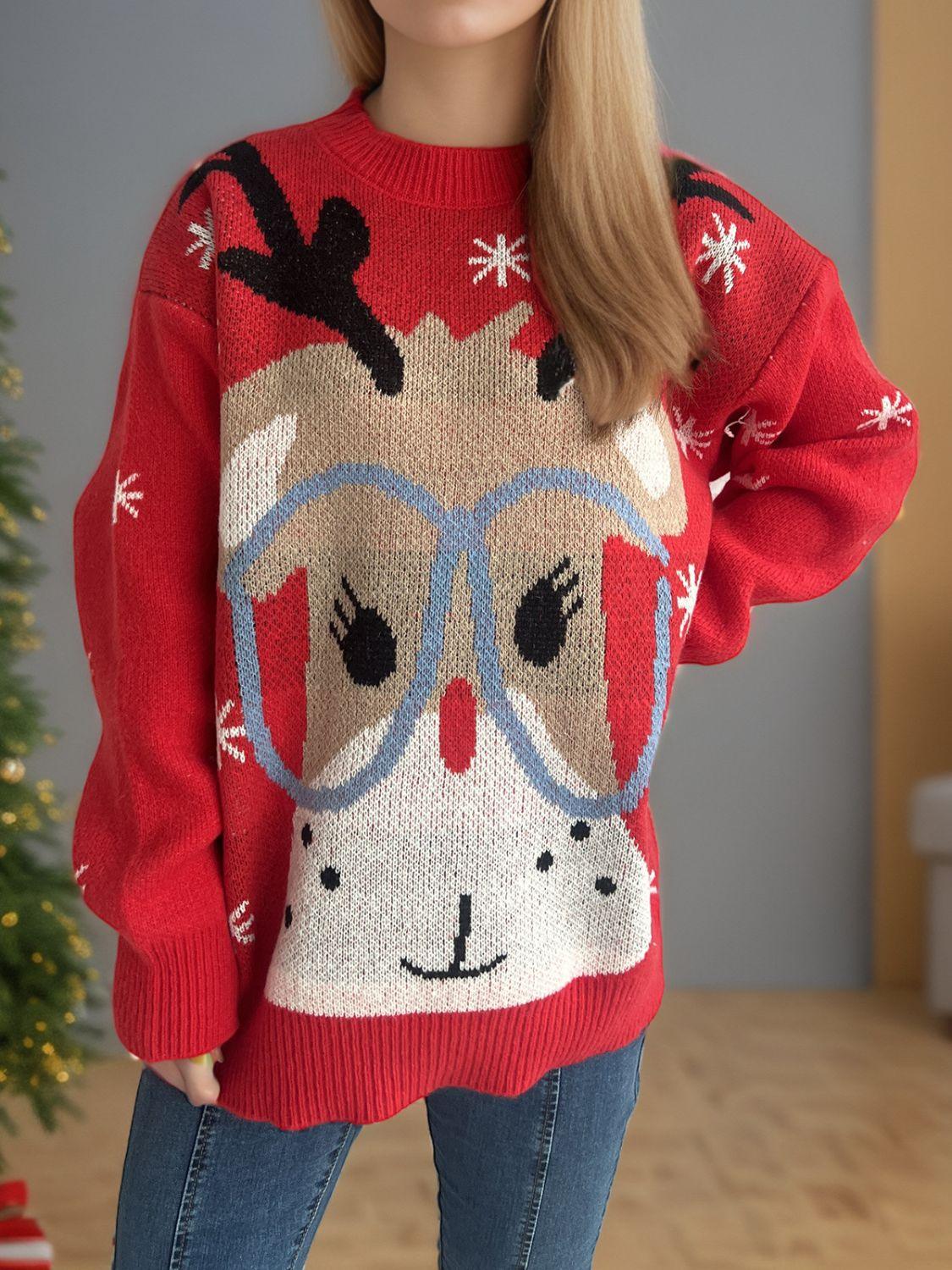 Reindeer Round Neck Dropped Shoulder Sweater - Clothes For Her Online Store