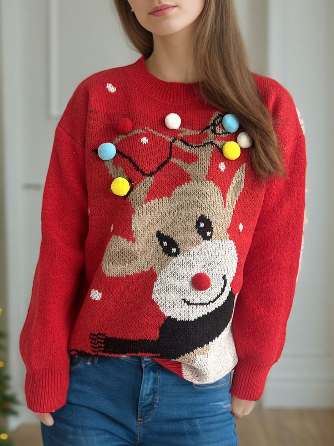 Reindeer Round Neck Long Sleeve Sweater - Clothes For Her Online Store